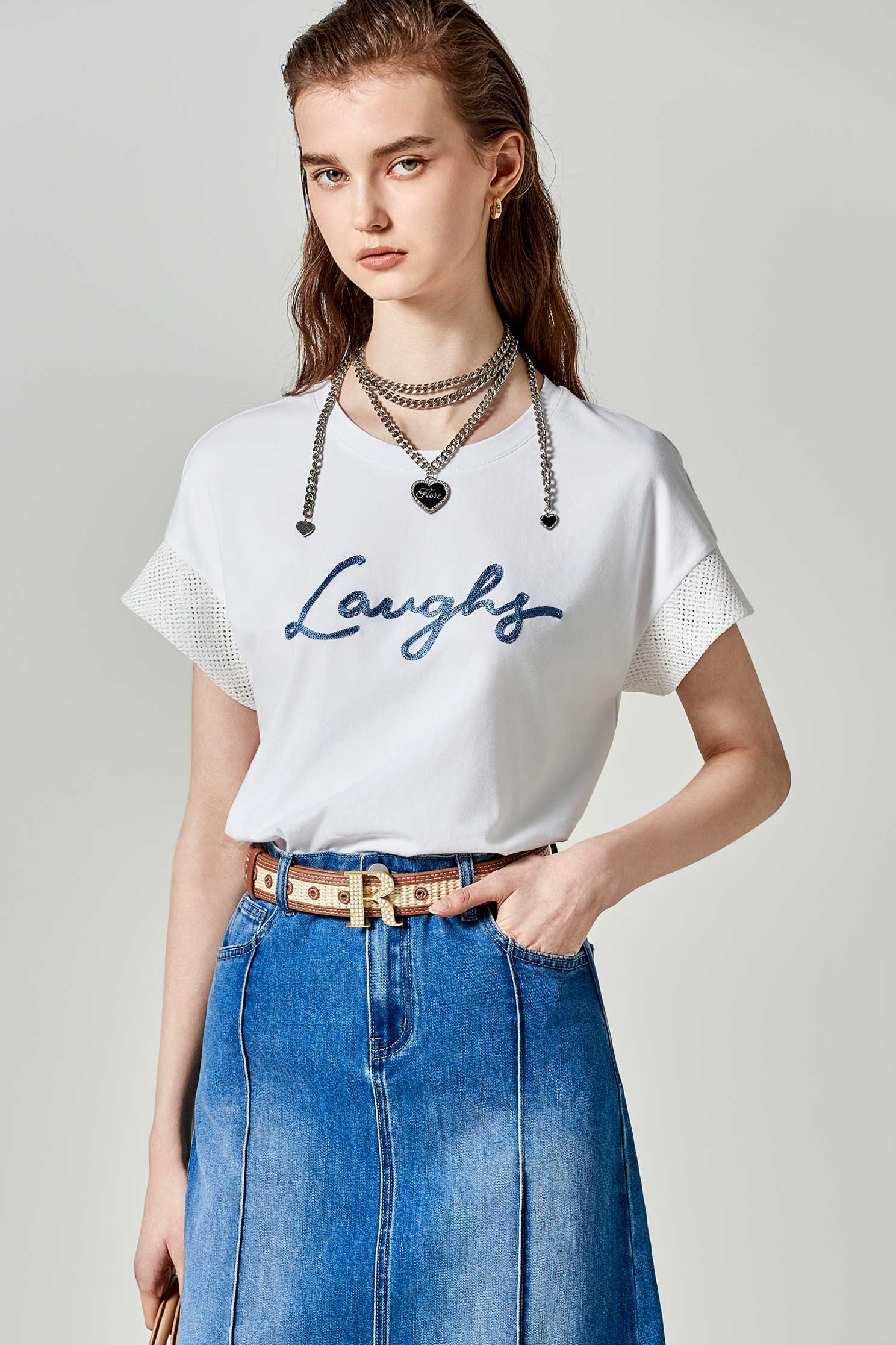 Front Slogan Tee With Hollow Out Mesh Sleeve CuffsFront Slogan Tee With Hollow Out Mesh Sleeve Cuffs,Tops,Season (SS) Look