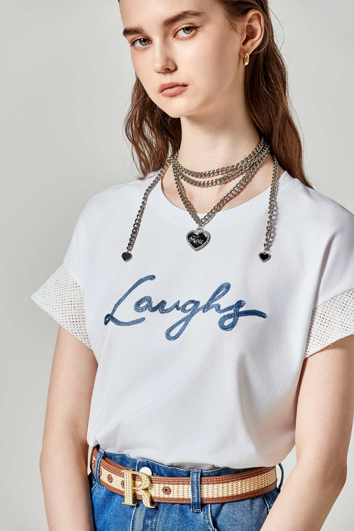 Front Slogan Tee With Hollow Out Mesh Sleeve CuffsFront Slogan Tee With Hollow Out Mesh Sleeve Cuffs,Tops,Season (SS) Look