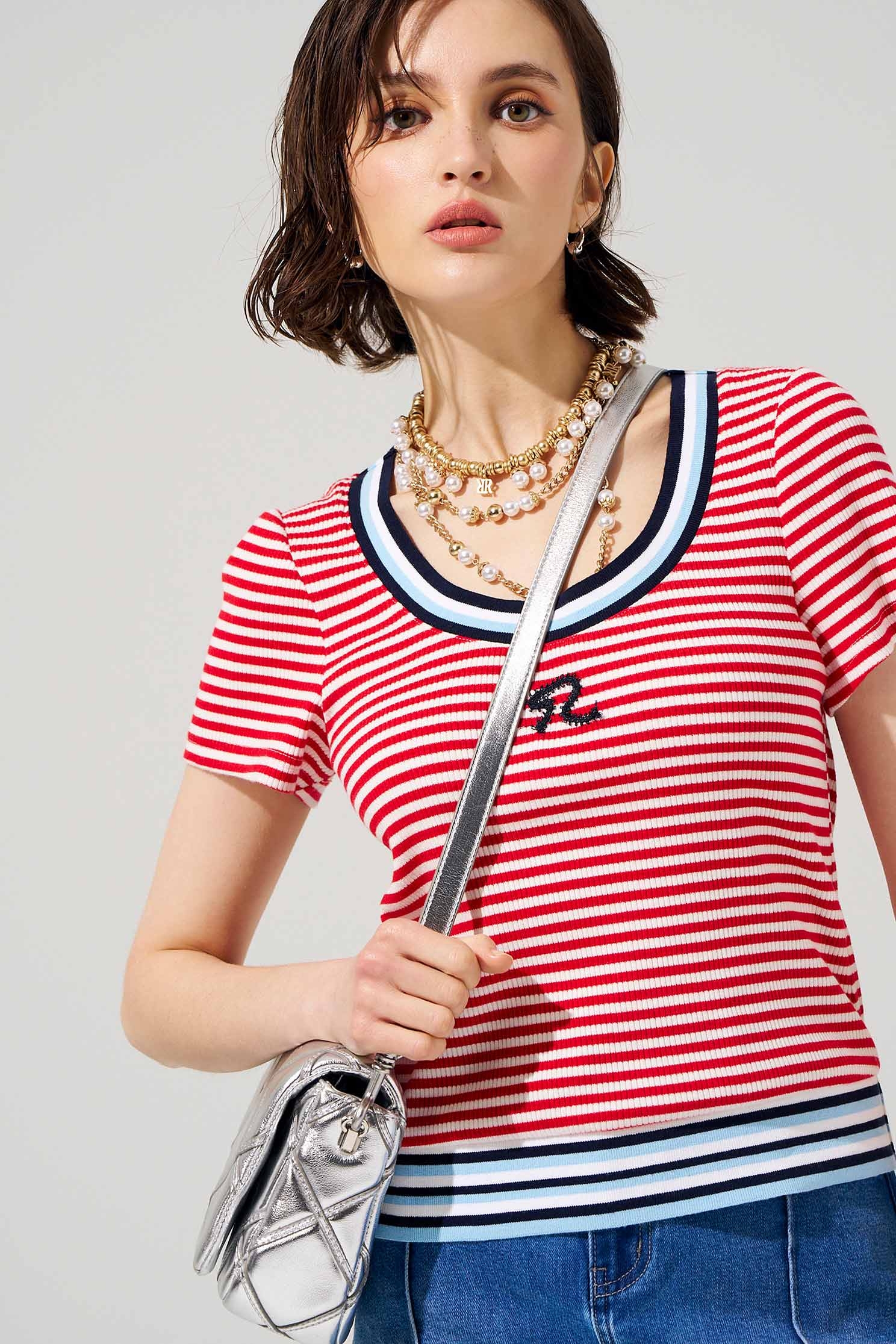 Red White Stripe Short Sleeve TeeRed White Stripe Short Sleeve Tee,T-shirts,Season (SS) Look,Stripe,Knitted