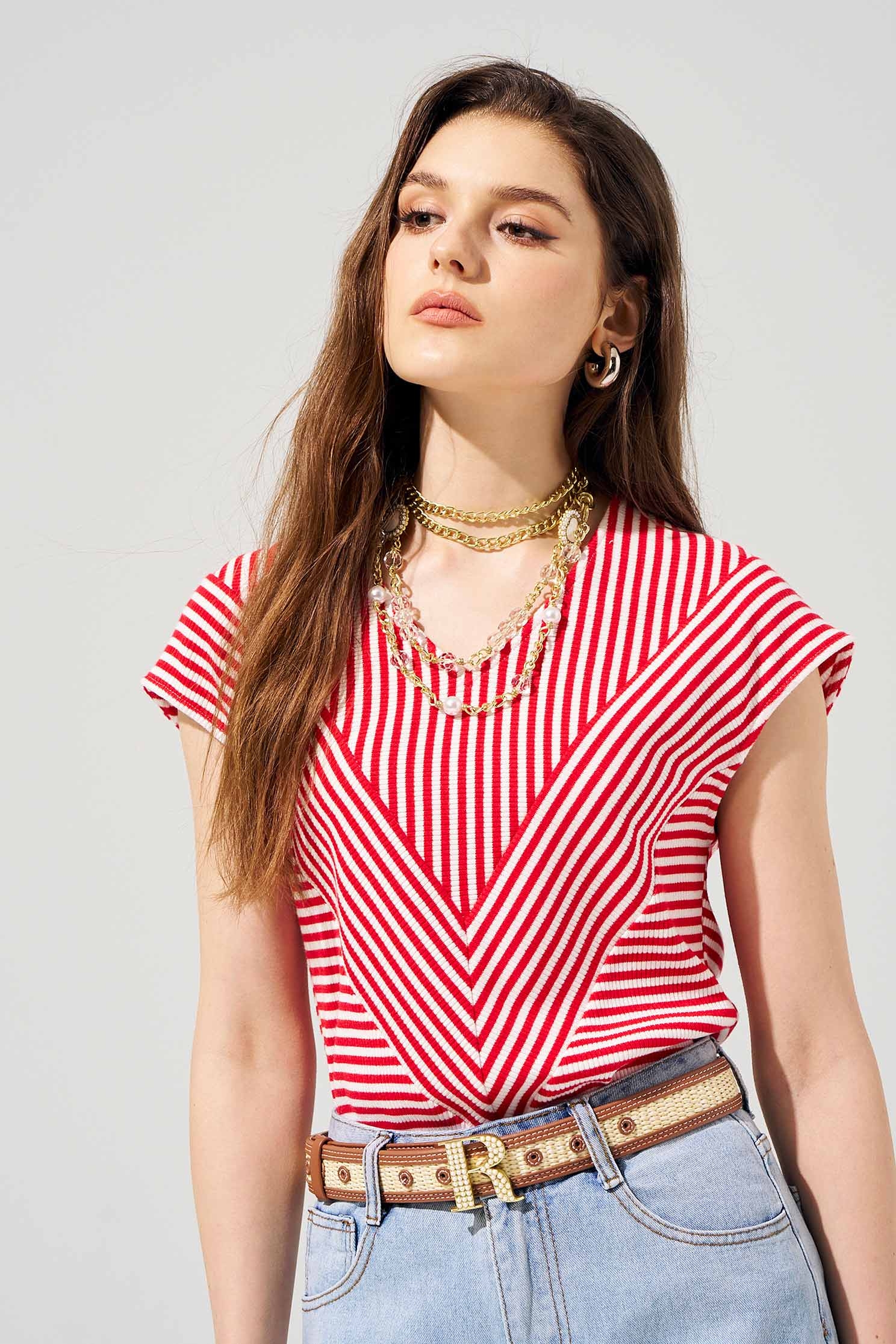 Red White Stripe V-neck TopRed White Stripe V-neck Top,Tops,Season (SS) Look,Stripe,Knitted