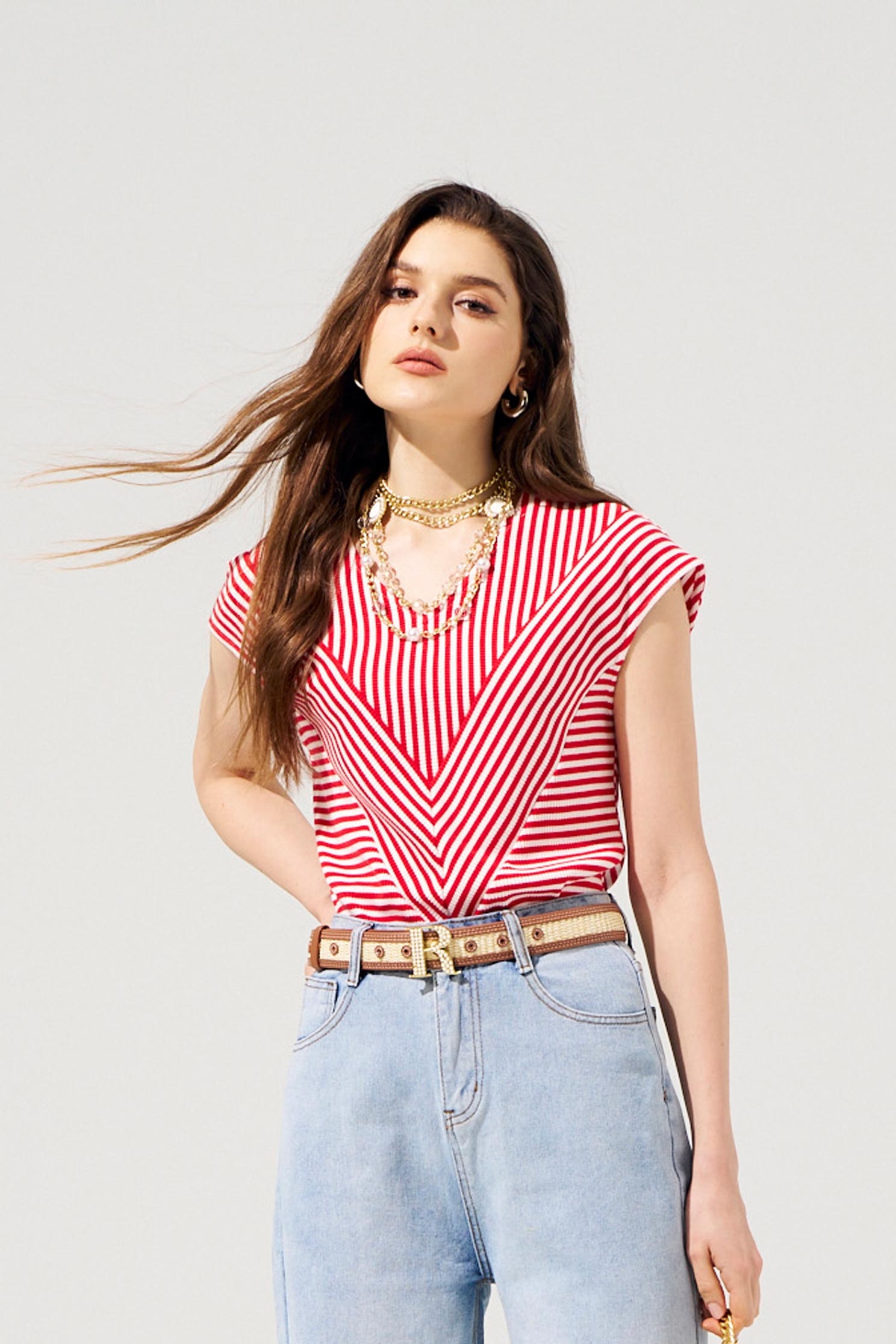 Red White Stripe V-neck TopRed White Stripe V-neck Top,Tops,Season (SS) Look,Stripe,Knitted