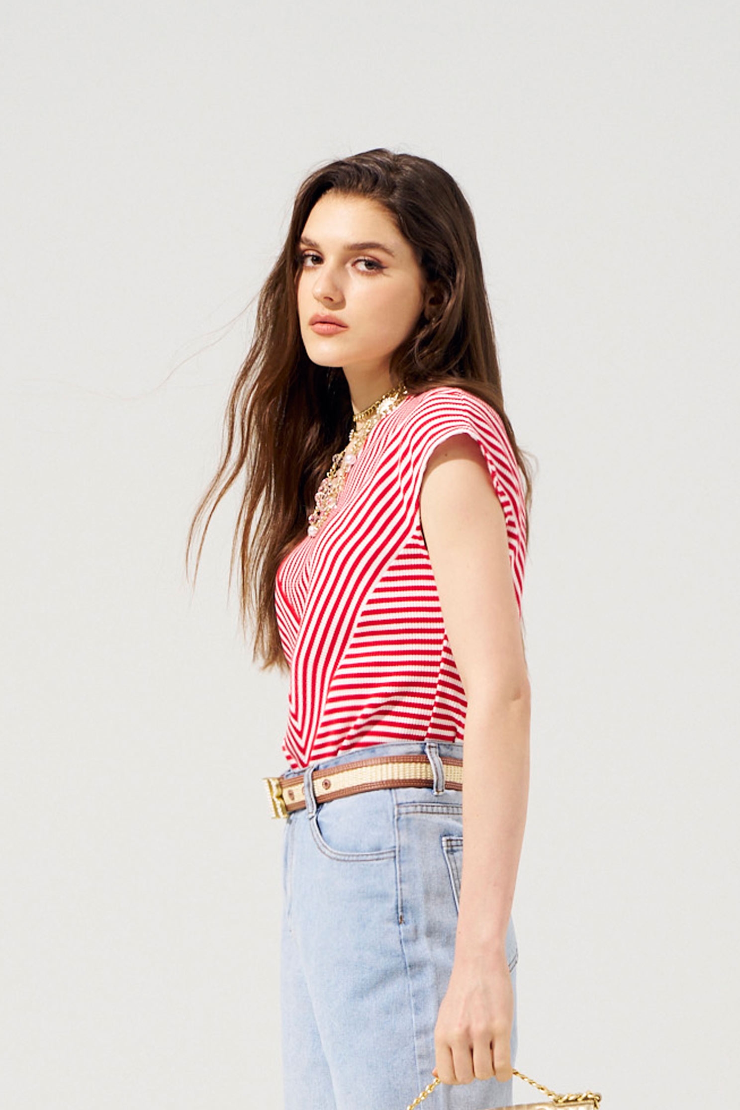 Red White Stripe V-neck TopRed White Stripe V-neck Top,Tops,Season (SS) Look,Stripe,Knitted