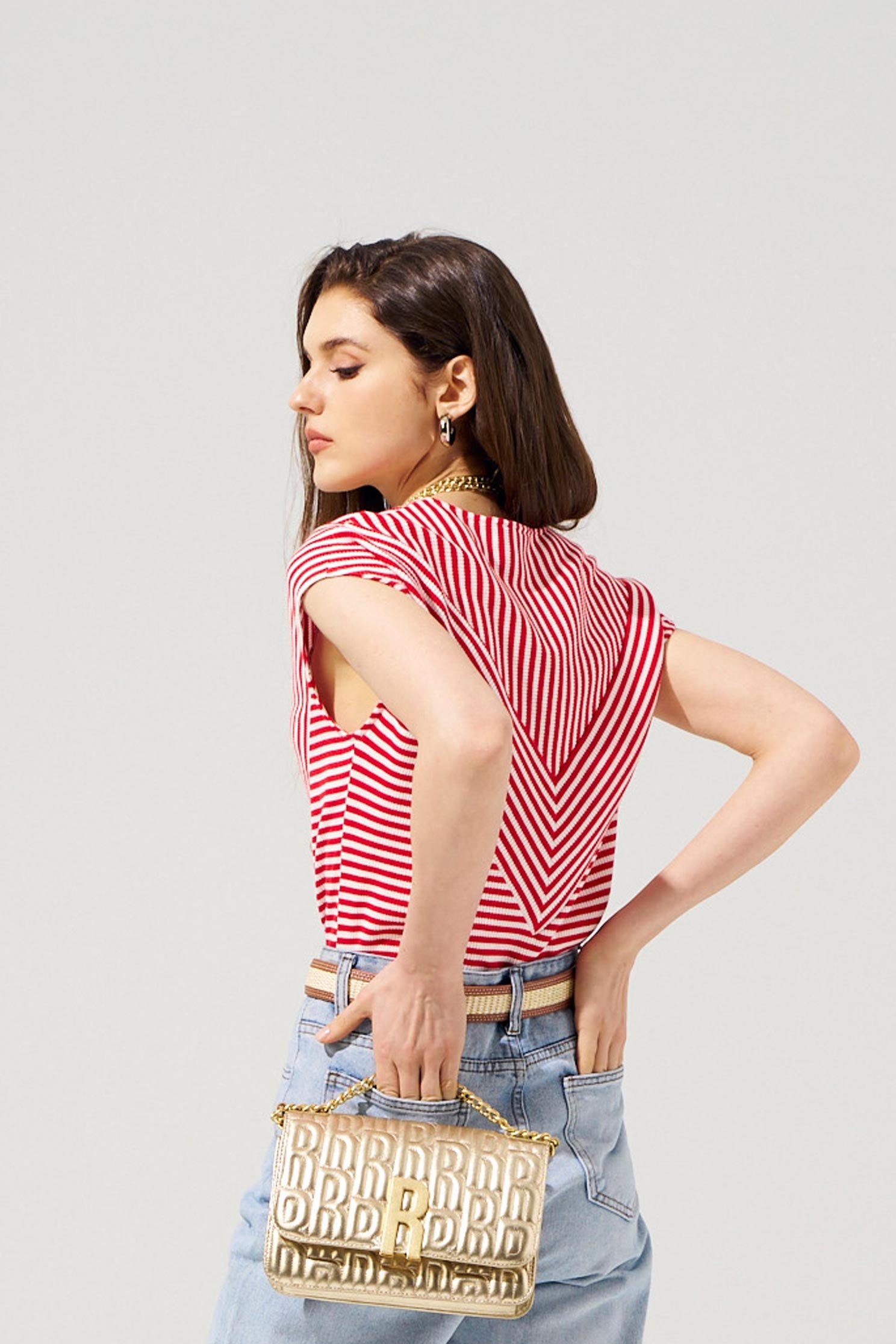 Red White Stripe V-neck TopRed White Stripe V-neck Top,Tops,Season (SS) Look,Stripe,Knitted