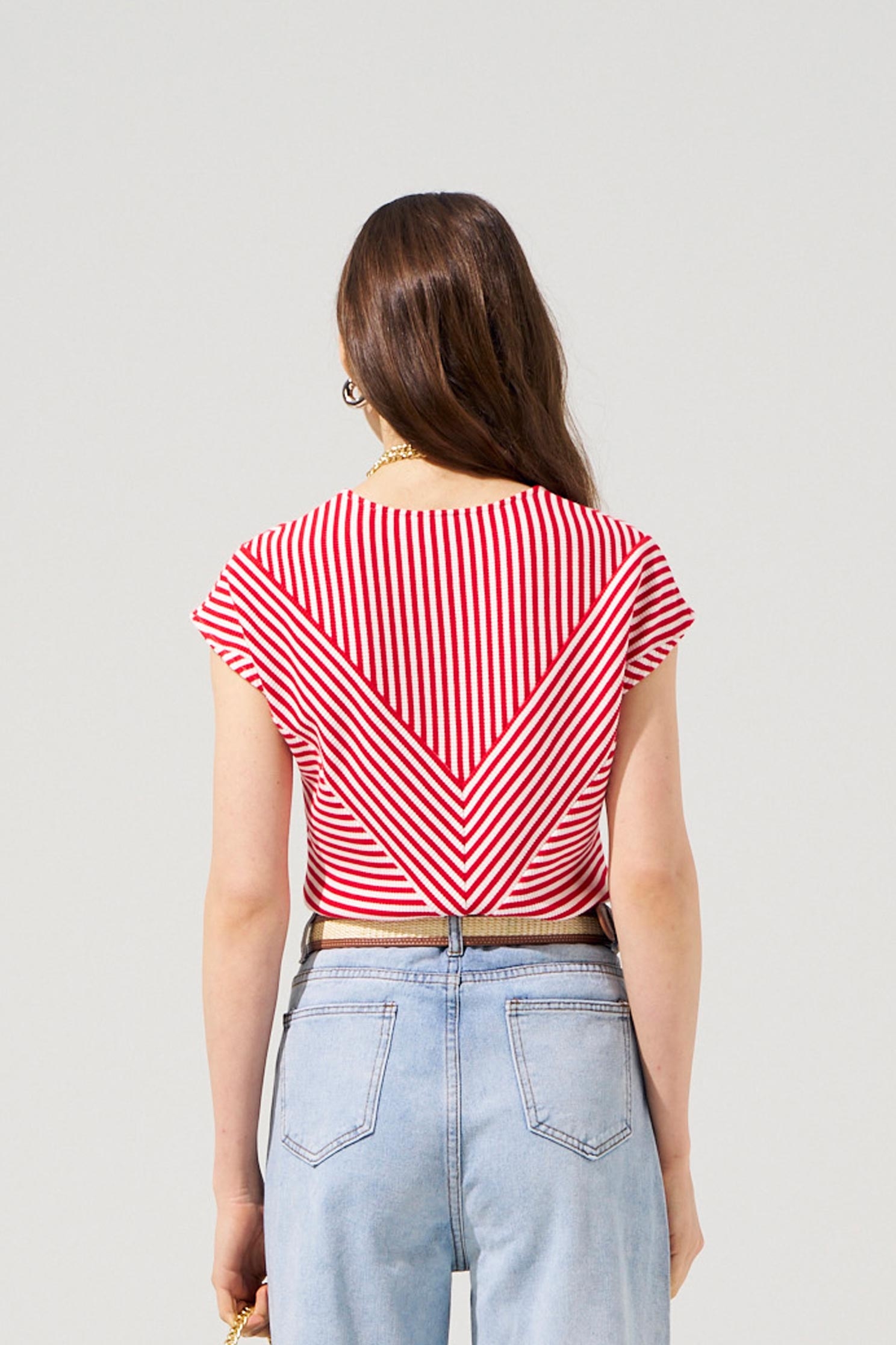 Red White Stripe V-neck TopRed White Stripe V-neck Top,Tops,Season (SS) Look,Stripe,Knitted