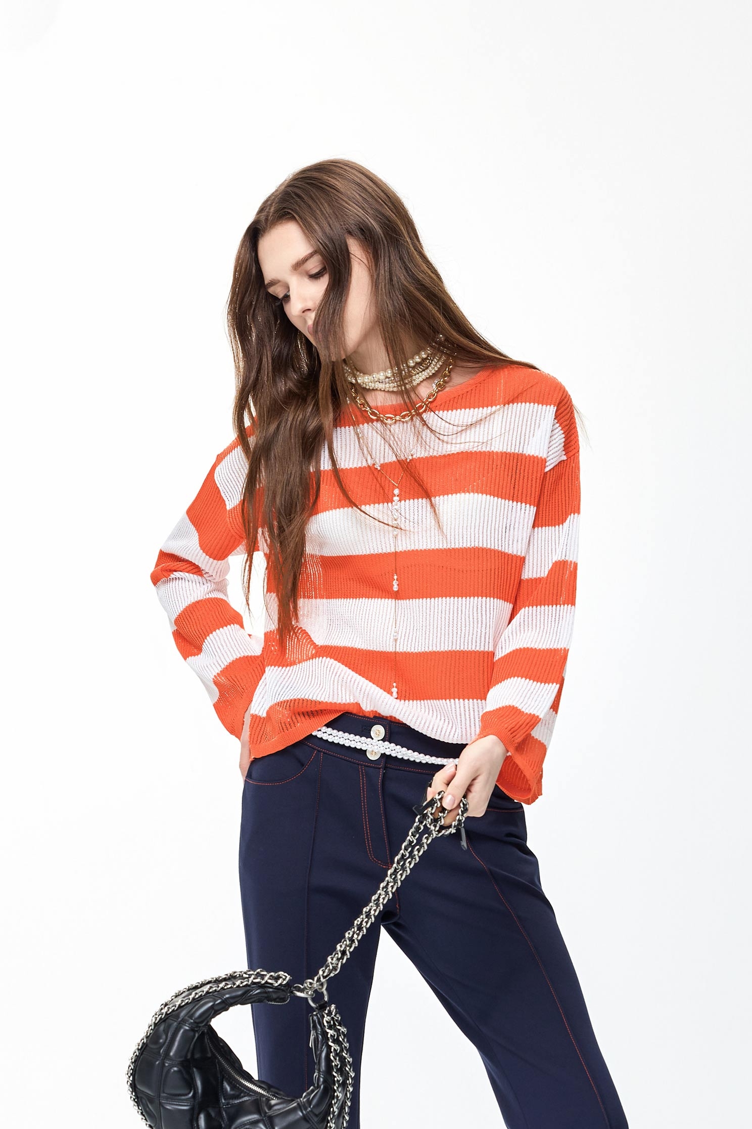 Orange Stripe Long Sleeve Knit TopOrange Stripe Long Sleeve Knit Top,Tops,Season (SS) Look,Stripe,Knitted,Knitted tops,Knitted tops