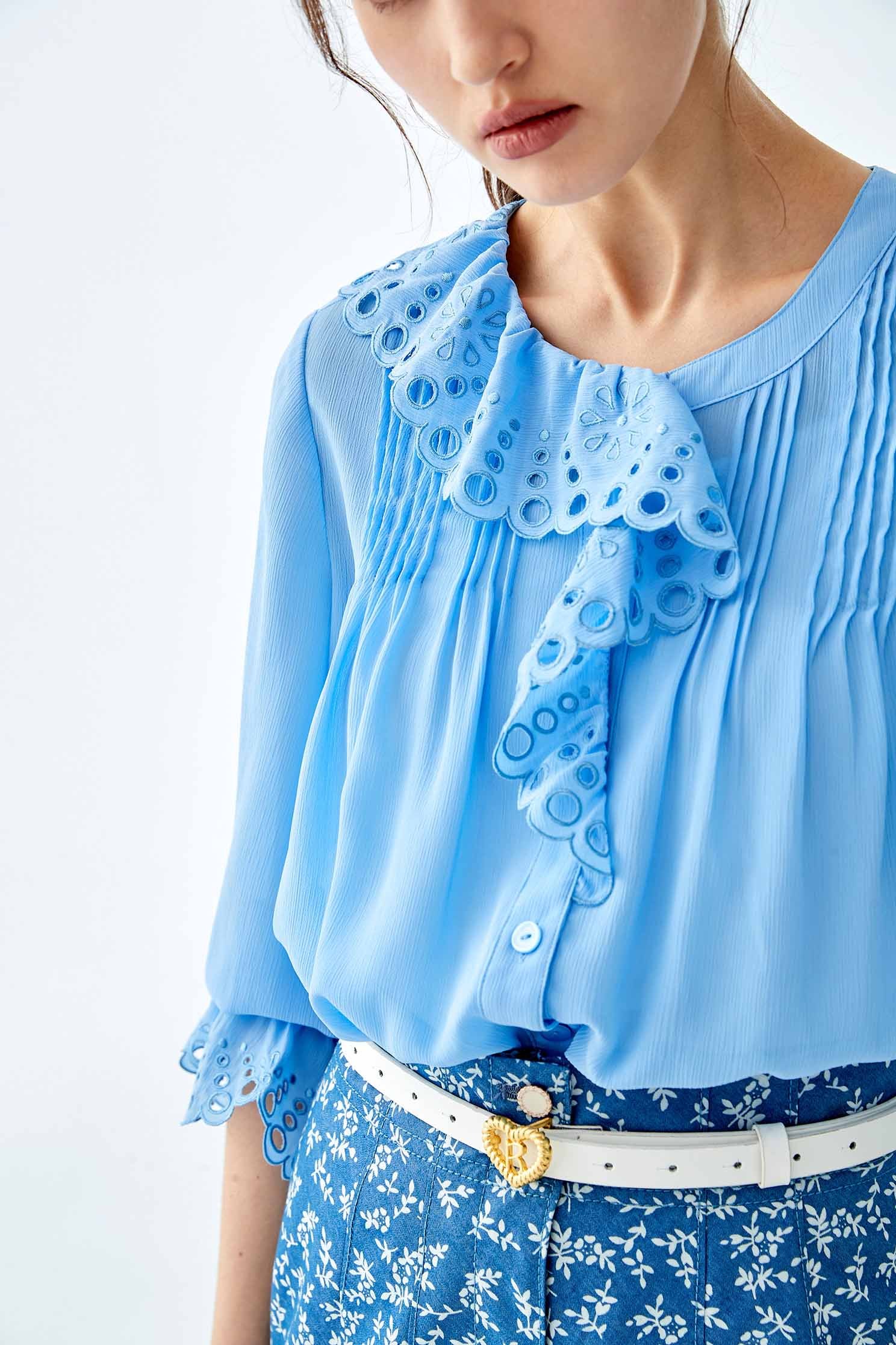 Ruffle BlouseWave collar hole shirt top,Tops,Embroidered,Embroidered tops,goodlucknewyear,Season (SS) Look,mothergift,healing colors,Embroidered,Embroidered tops,Blouses,Chiffon,Chiffon tops