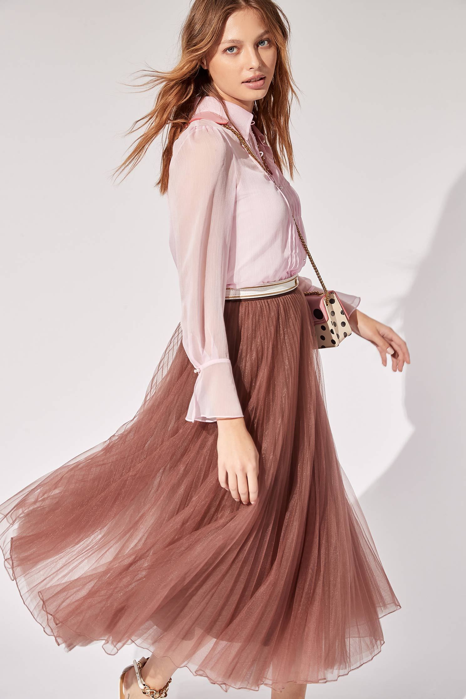 Pintucks Chiffon Front Button BlouseFlowing irregular top with pleated,Tops,Season (AW) Look,Pink,Thin straps,sleeveless tops,Blouses,Long sleeve tops