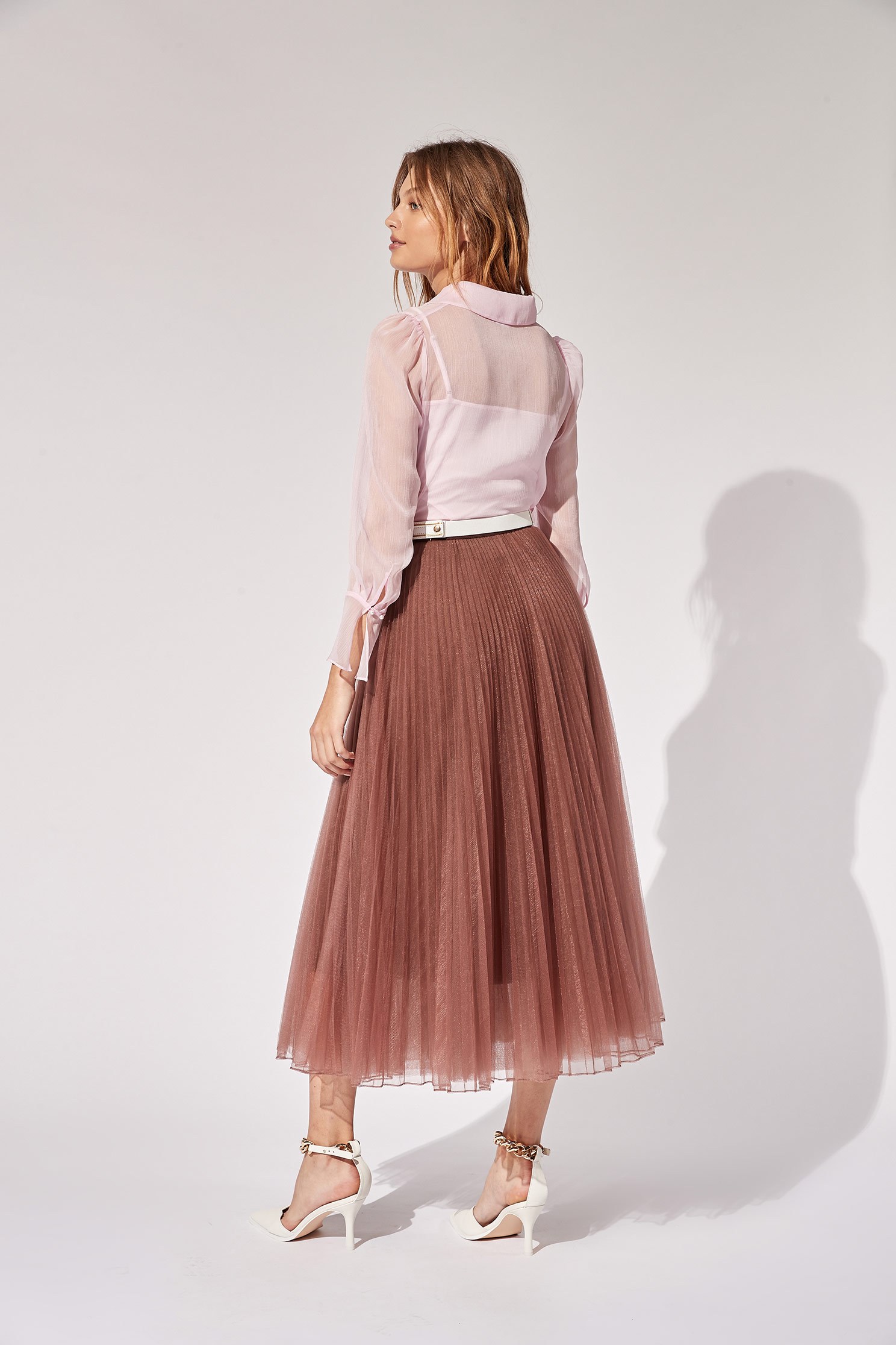 Pintucks Chiffon Front Button BlouseFlowing irregular top with pleated,Tops,Season (AW) Look,Pink,Thin straps,sleeveless tops,Blouses,Long sleeve tops