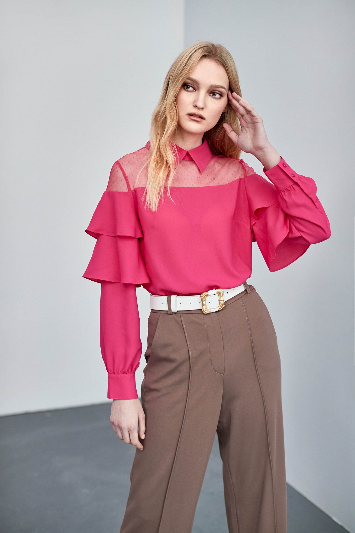 Half Yoke Mesh Chiffon TopHalf Yoke Mesh Chiffon Top,Tops,Season (AW) Look,Lace