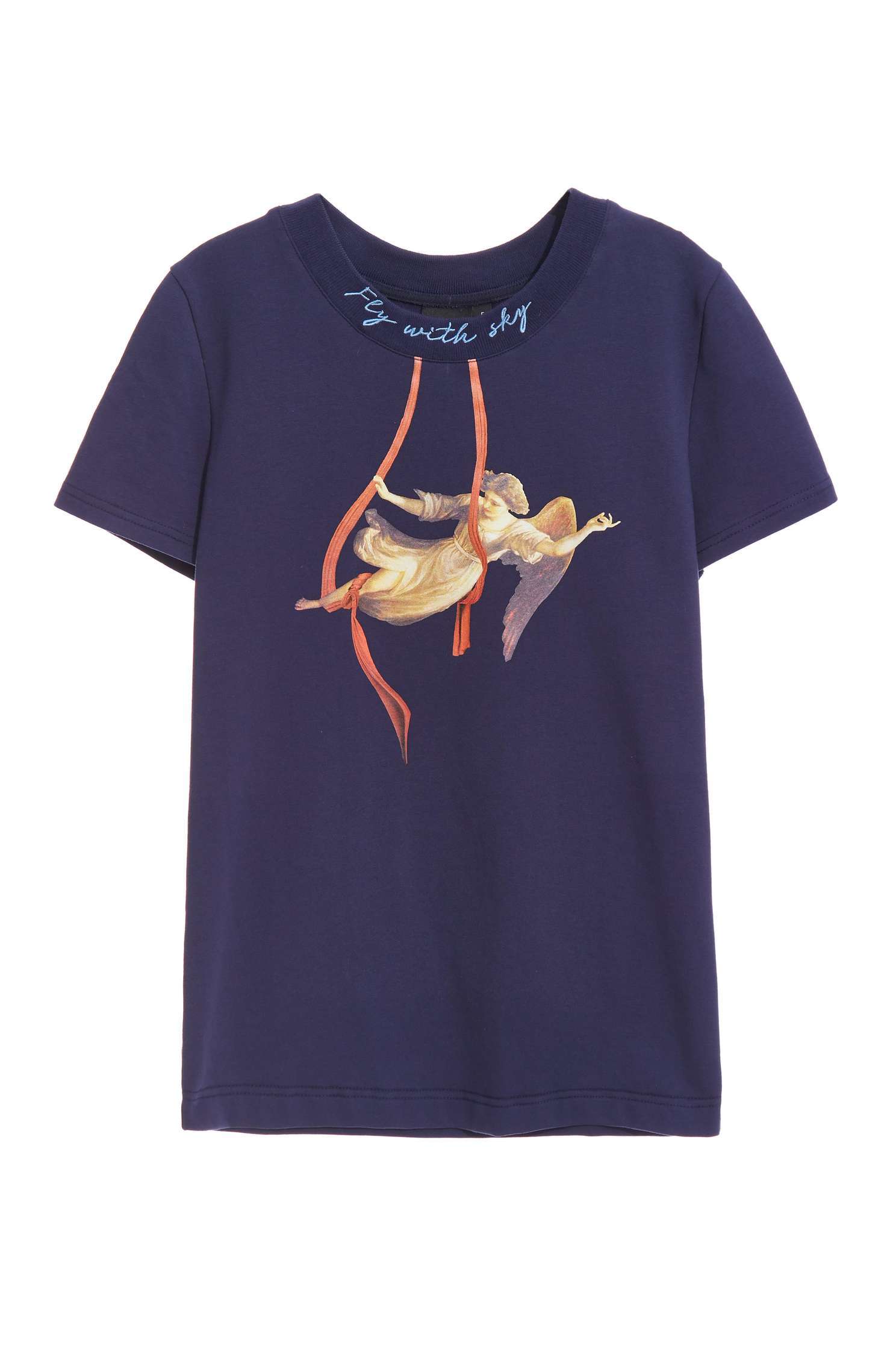 Navy Rib Neckline Tee With Graphic PrintAngel aerial yoga T-shirt,T-shirts,T-shirts,Tops,Embroidered,Season (AW) Look,comfotism