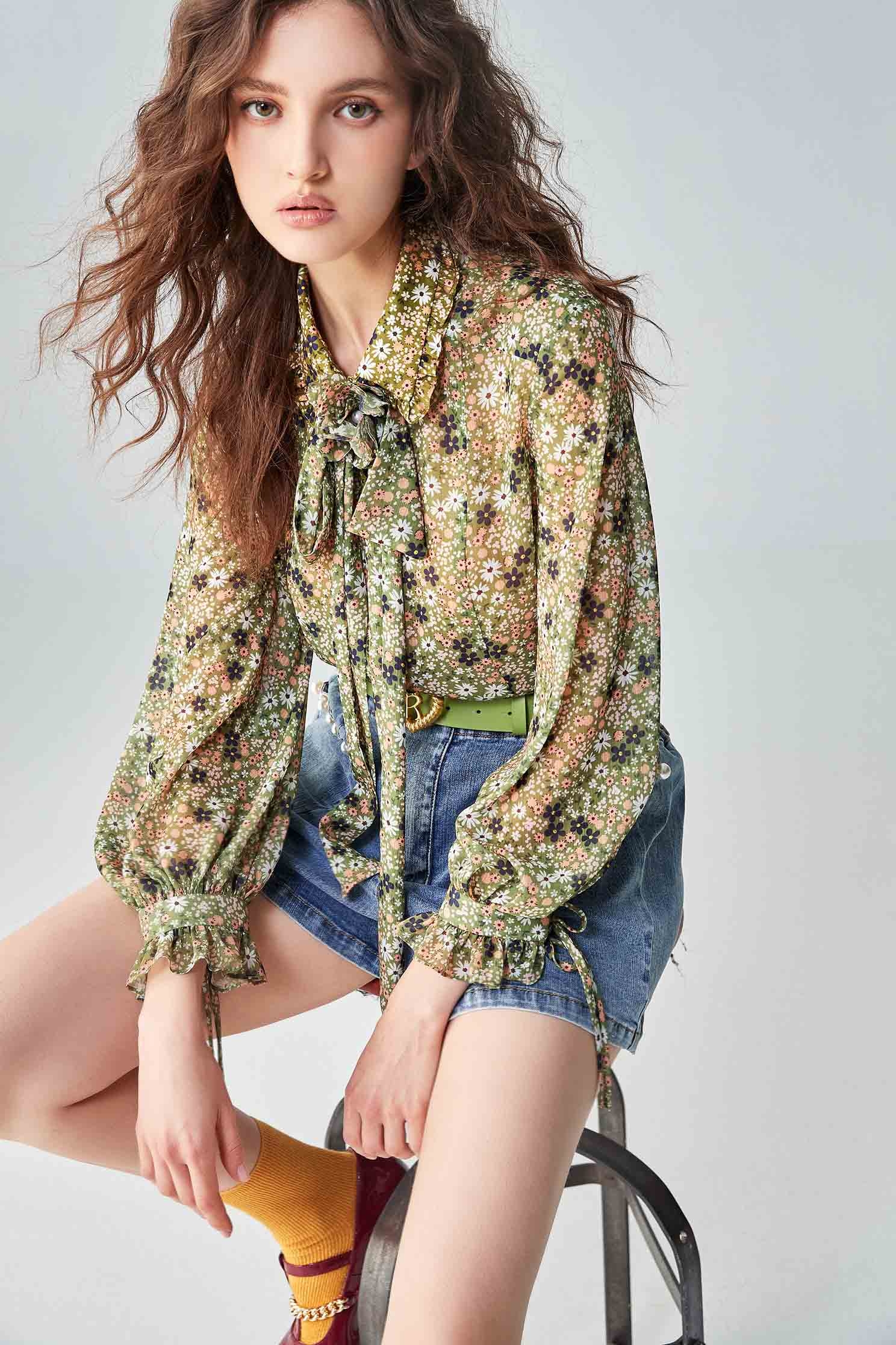 All Over Solid Floral Print BlouseTop with vintage print,Tops,bestselling,originalpattern,Season (AW) Look,bows,Chiffon