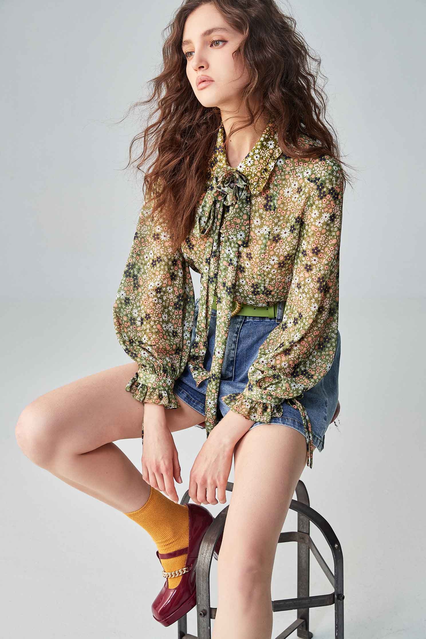 All Over Solid Floral Print BlouseTop with vintage print,Tops,bestselling,originalpattern,Season (AW) Look,bows,Chiffon