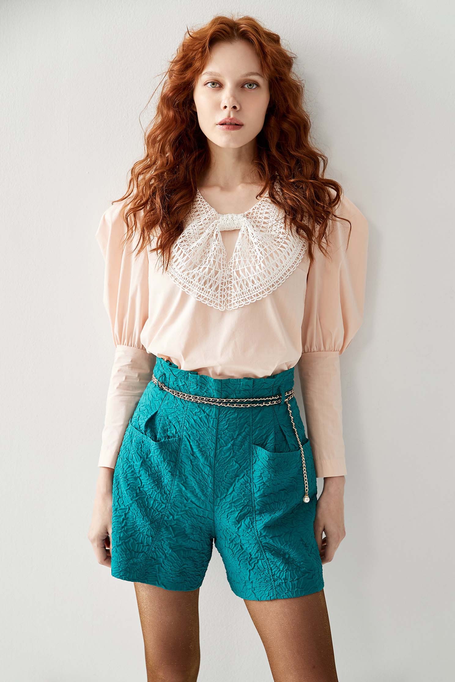 Contrast Hollow Out Lace Collar Pink TopShirt top with bow collar,Tops,Season (AW) Look,bows,Blouses