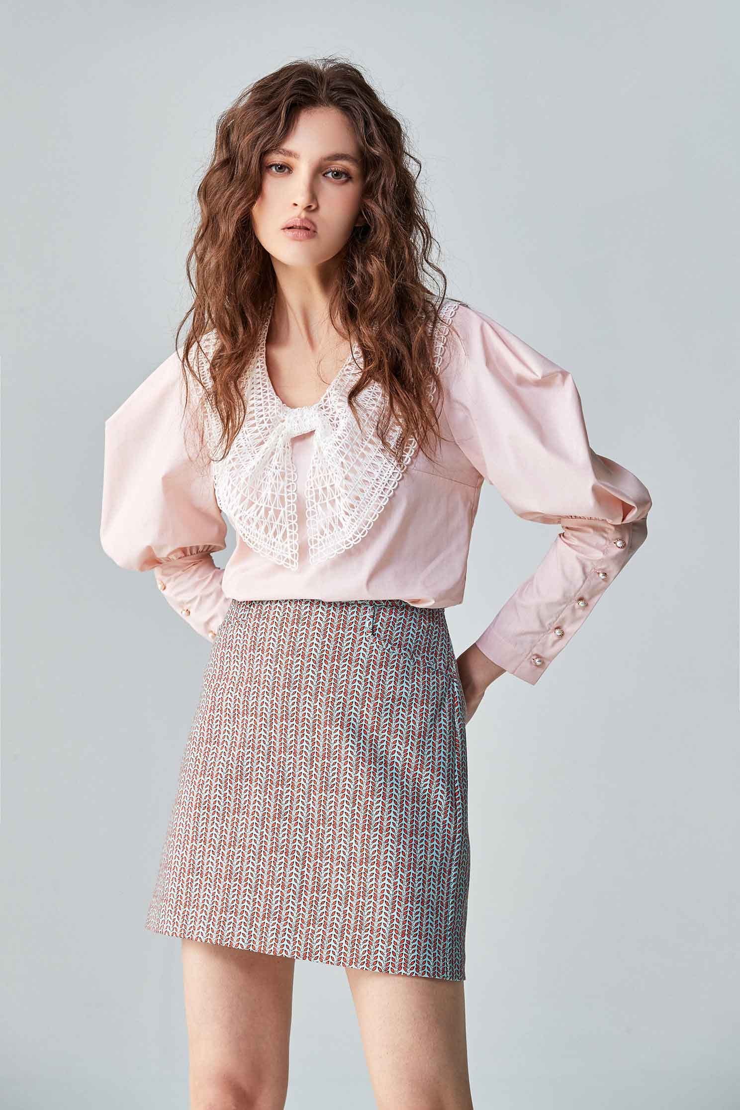 Contrast Hollow Out Lace Collar Pink TopShirt top with bow collar,Tops,Season (AW) Look,bows,Blouses