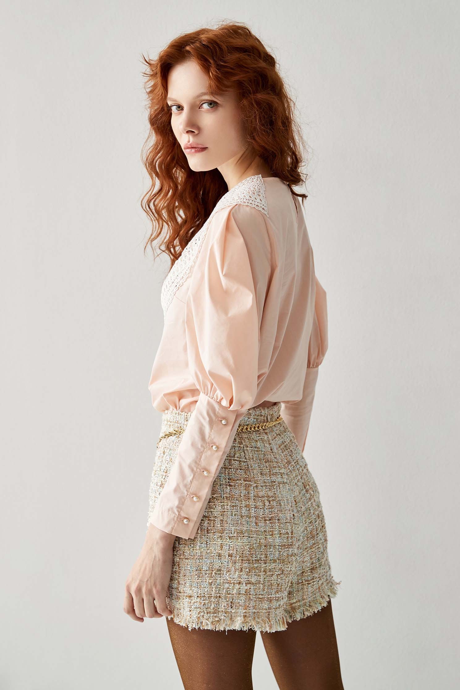 Contrast Hollow Out Lace Collar Pink TopShirt top with bow collar,Tops,Season (AW) Look,bows,Blouses