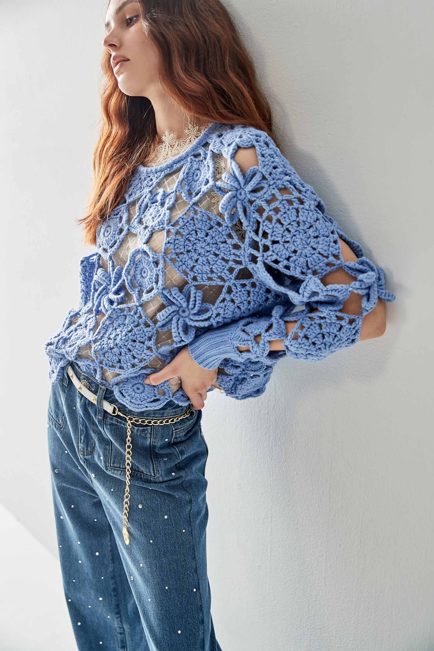 Floral Pattern Hand Knit Long Sleeve TopKnit top with hand crocheted design,Tops,Season (AW) Look,Valentine,Knitted,Knitted tops,Knitted tops