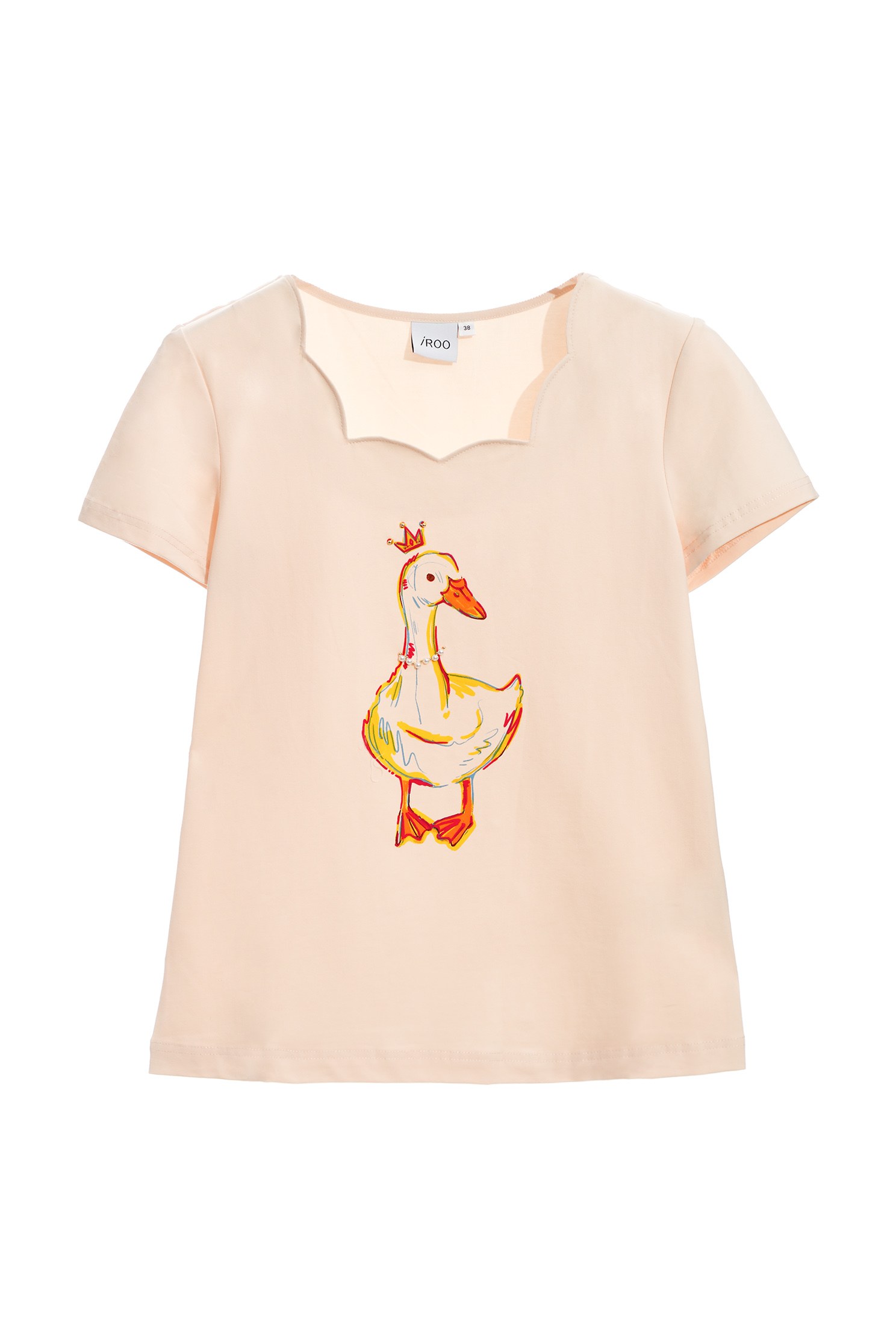 Scallop Neckline Tee With Graphic PrintT-shirt with duck print,T-shirts,T-shirts,Tops,pearl,Season (AW) Look