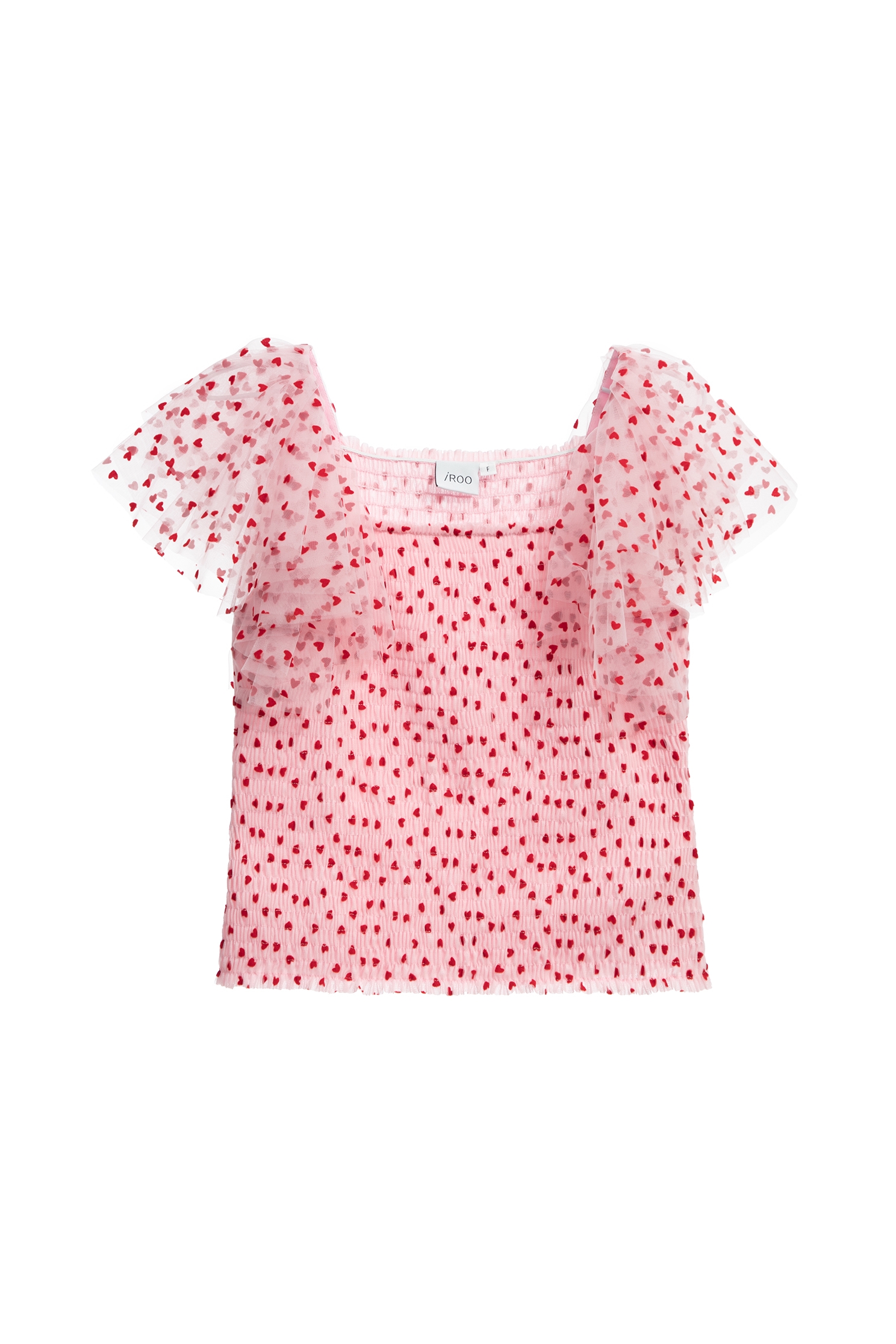 Heart Pattern Top With Mesh Flounce SleeveHeart Pattern Top With Mesh Flounce Sleeve,Tops,Season (SS) Look