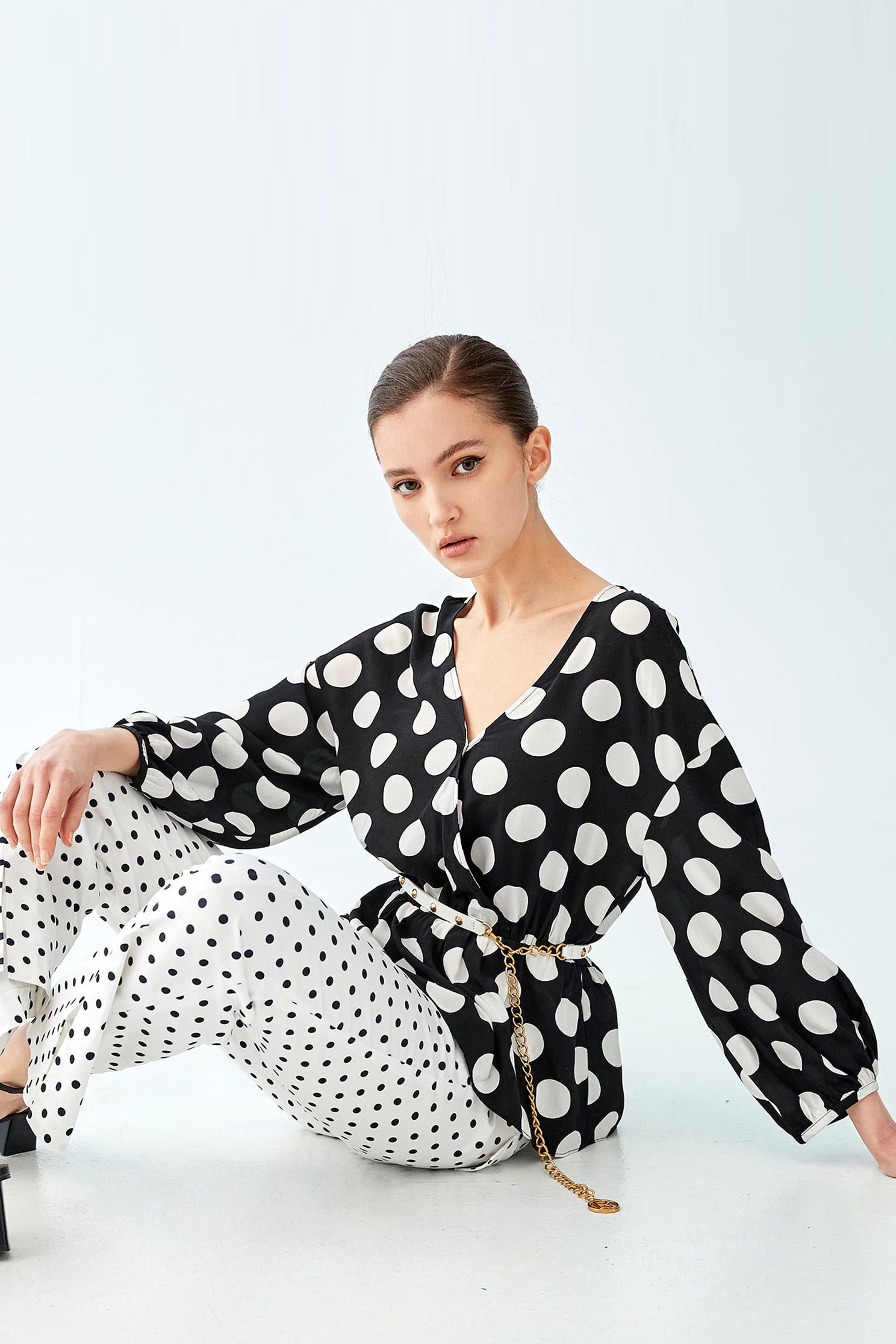 Polka Dot Wrap BlouseBlack and white dot top with wrinkled hem,V-Neck T shirts,Tops,Rayon,Season (SS) Look,dotcollection,Trends