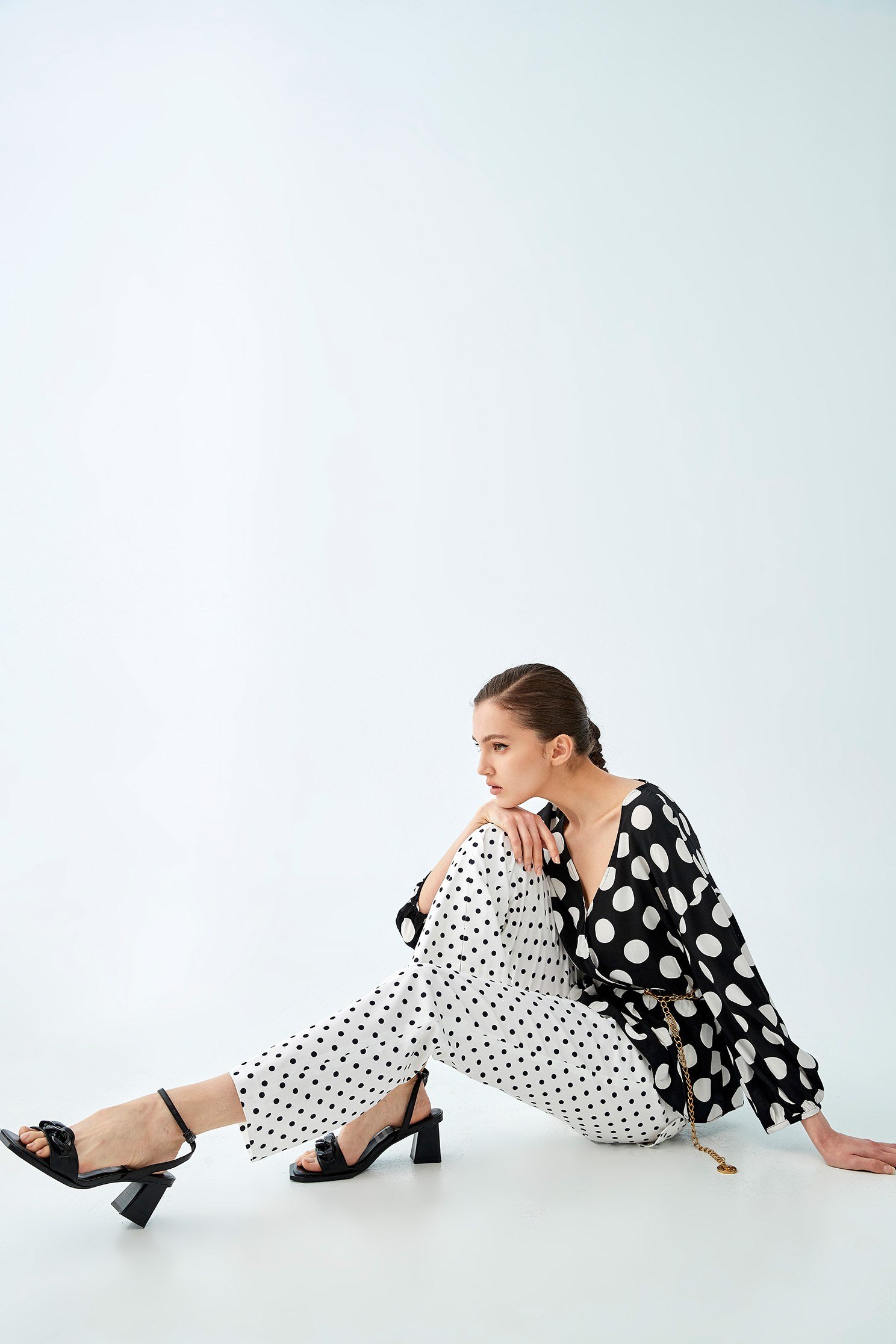 Polka Dot Wrap BlouseBlack and white dot top with wrinkled hem,V-Neck T shirts,Tops,Rayon,Season (SS) Look,dotcollection,Trends