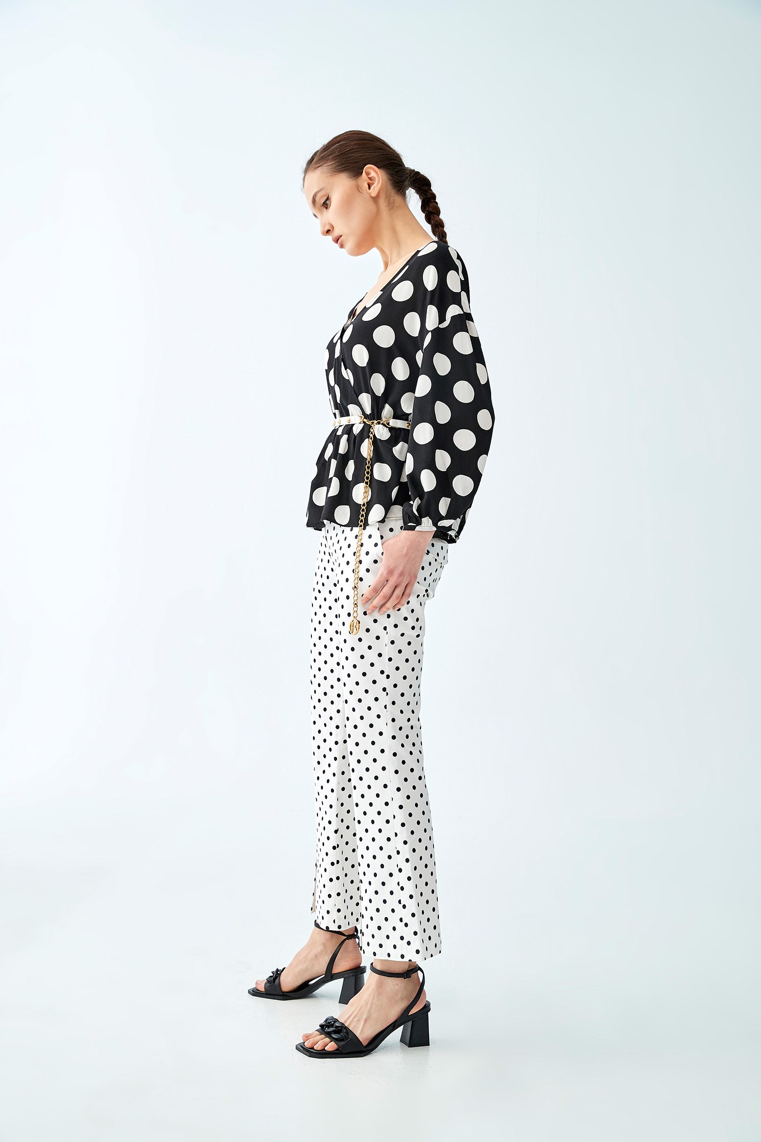 Polka Dot Wrap BlouseBlack and white dot top with wrinkled hem,V-Neck T shirts,Tops,Rayon,Season (SS) Look,dotcollection,Trends