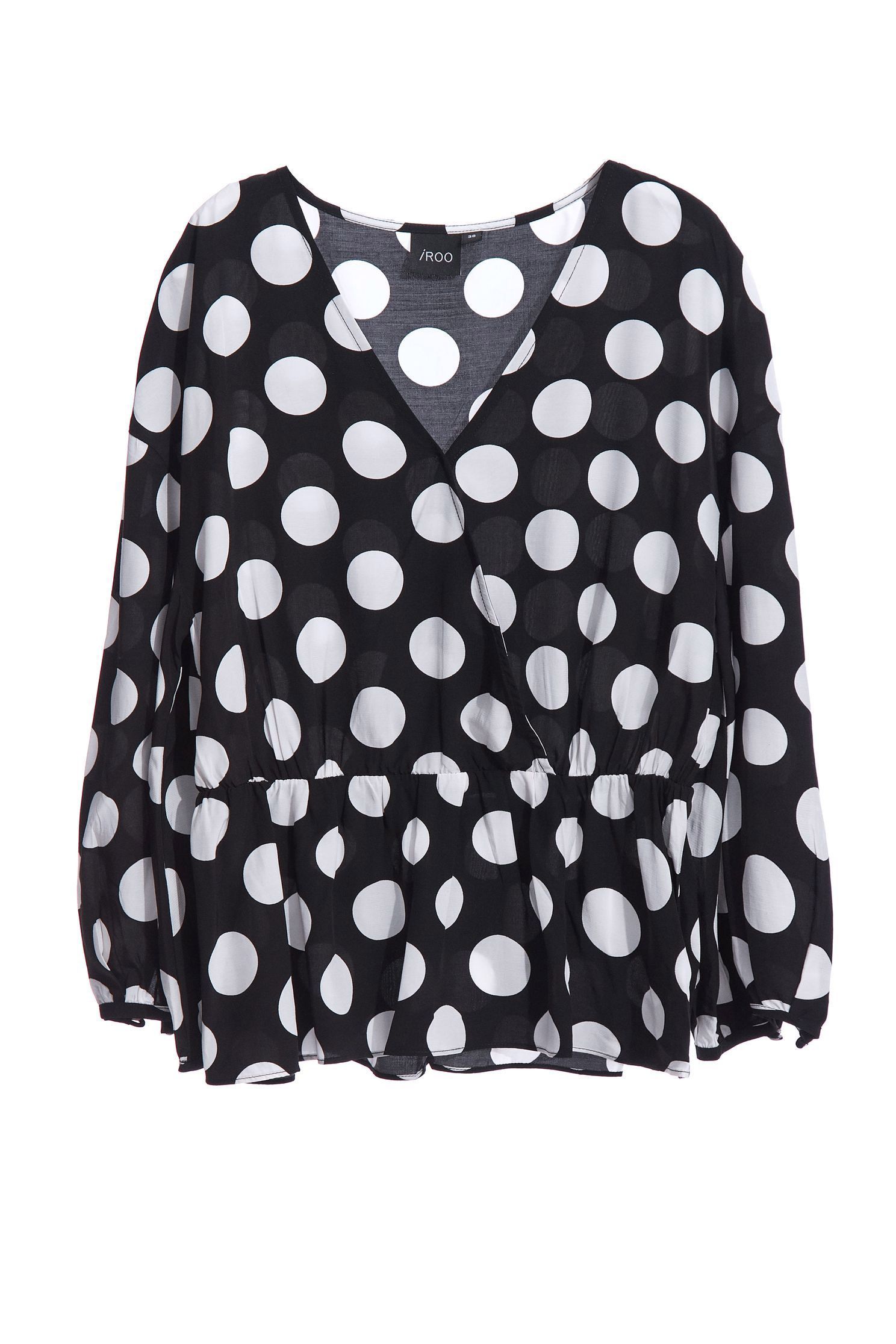 Polka Dot Wrap BlouseBlack and white dot top with wrinkled hem,V-Neck T shirts,Tops,Rayon,Season (SS) Look,dotcollection,Trends