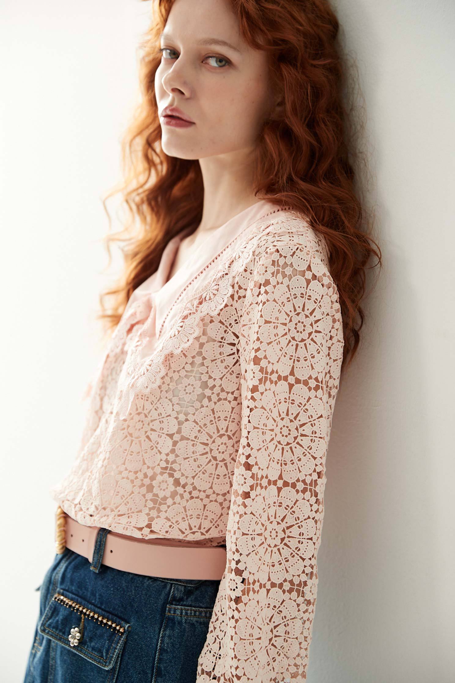 Hollow Out Pink Lace TopTop with large lace collar,Tops,Season (AW) Look,Lace,Lace tops