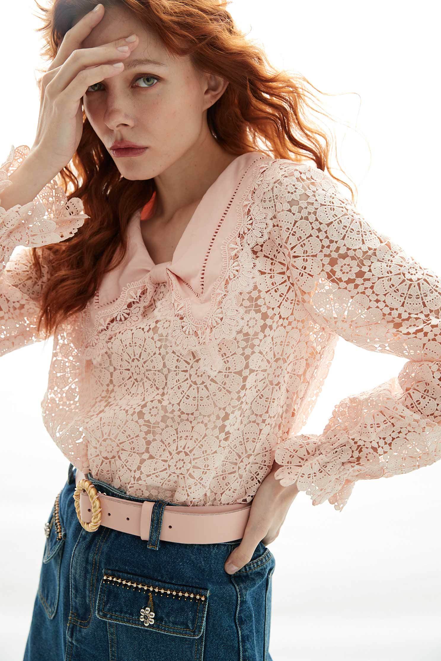 Hollow Out Pink Lace TopTop with large lace collar,Tops,Season (AW) Look,Lace,Lace tops