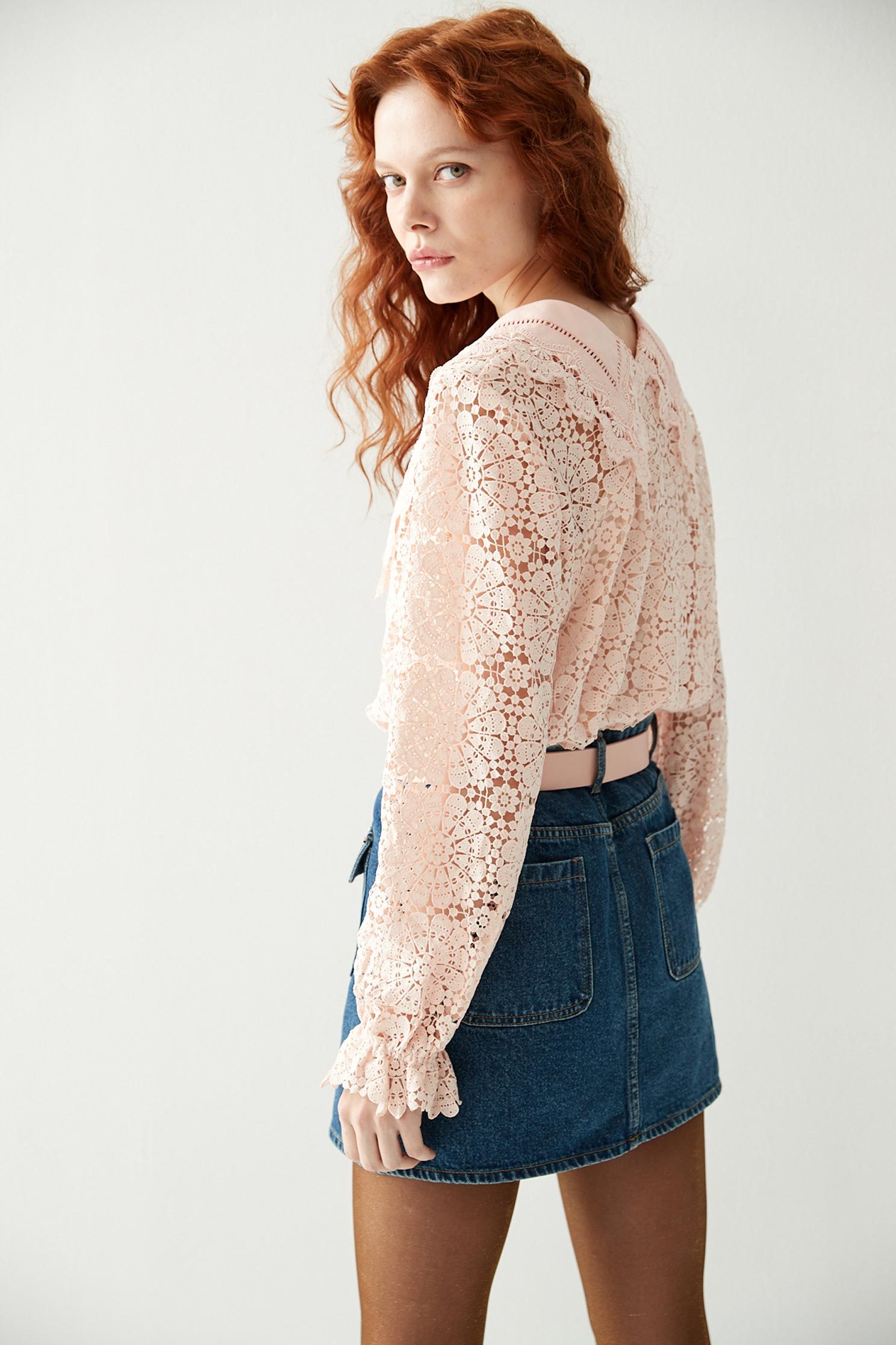 Hollow Out Pink Lace TopTop with large lace collar,Tops,Season (AW) Look,Lace,Lace tops