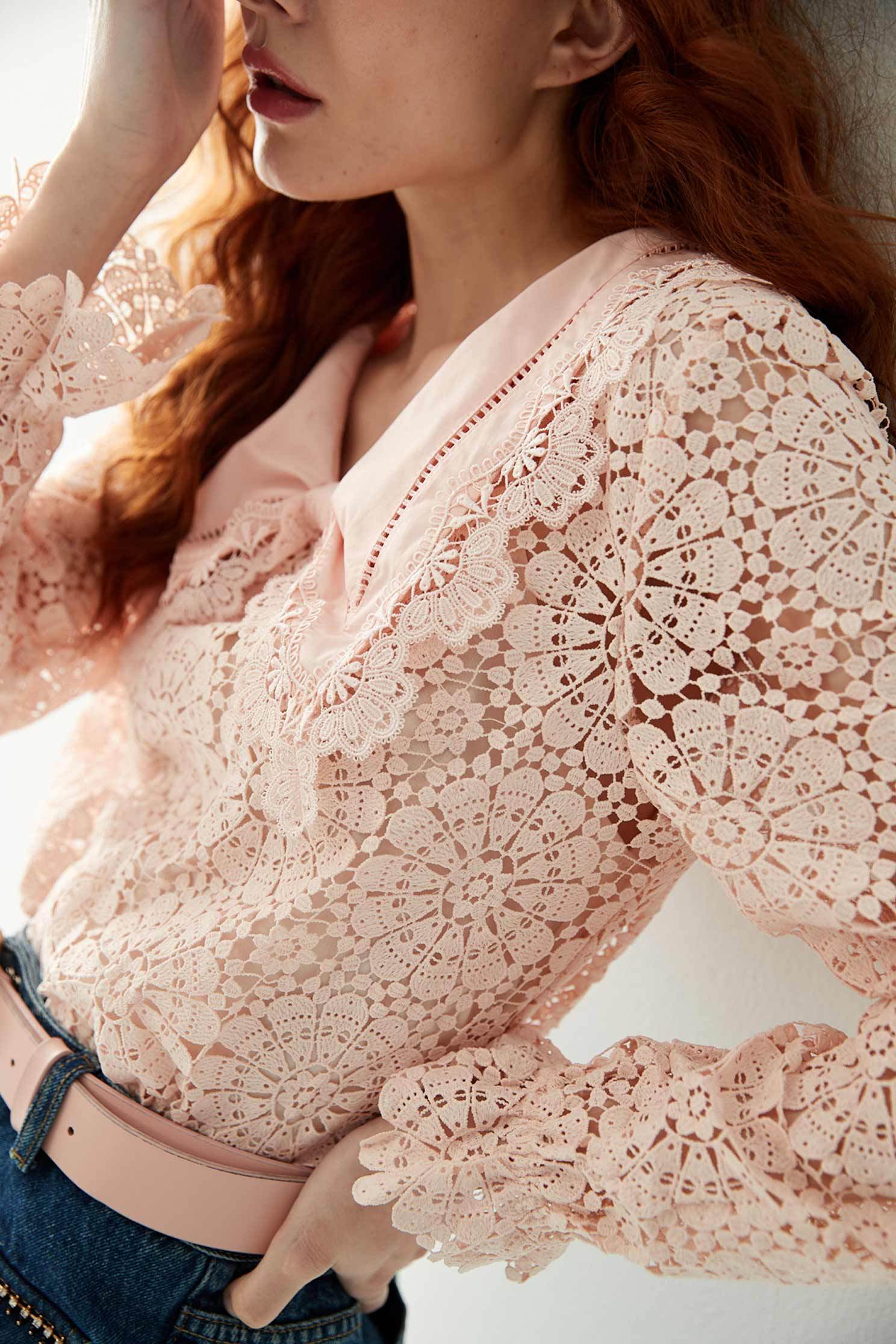 Hollow Out Pink Lace TopTop with large lace collar,Tops,Season (AW) Look,Lace,Lace tops