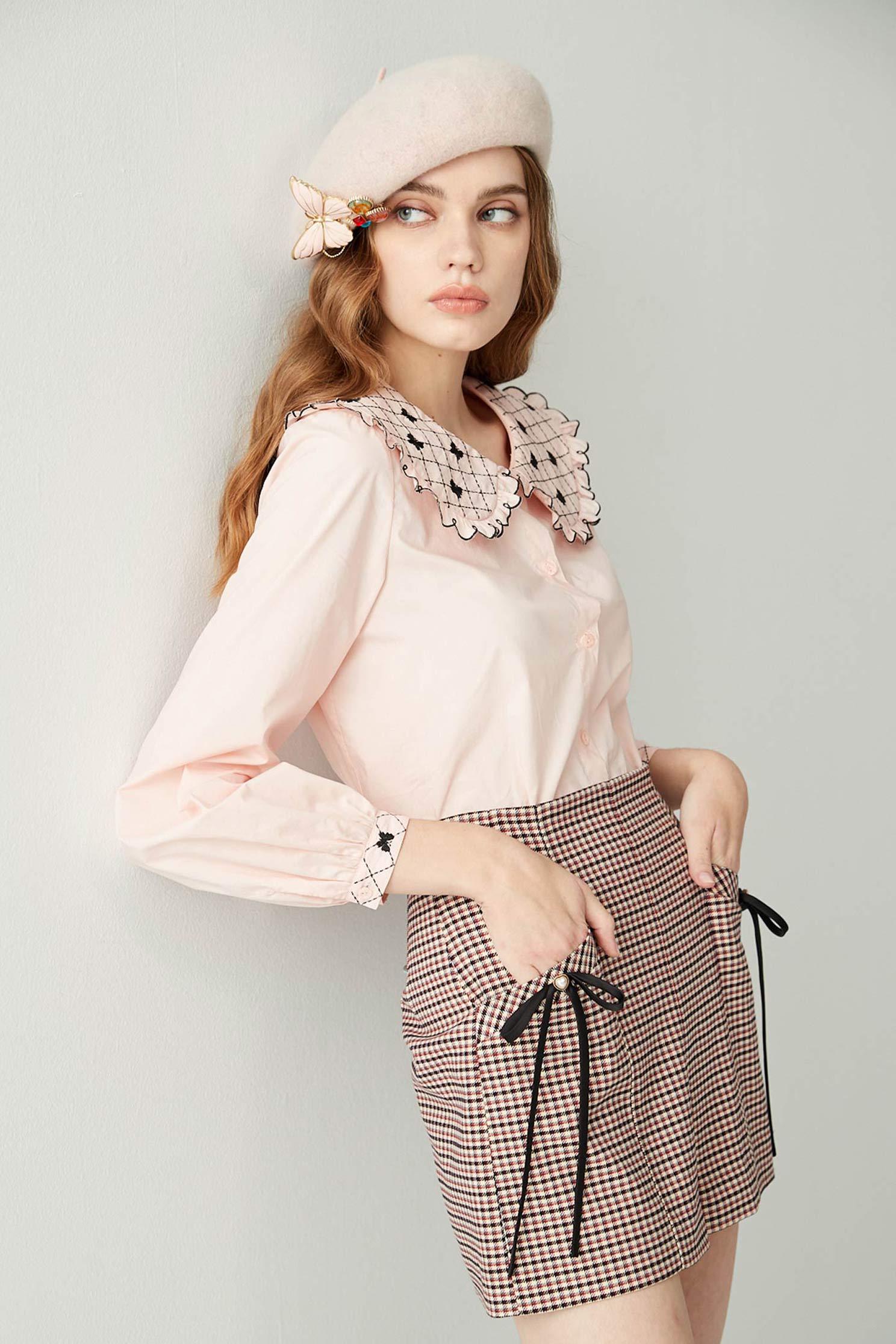 Pink Blouse With Embroidered Detail Peter Pan CollarTop with butterfly embroidered collar,Tops,Embroidered,Plaid,Season (AW) Look,Valentine,Blouses