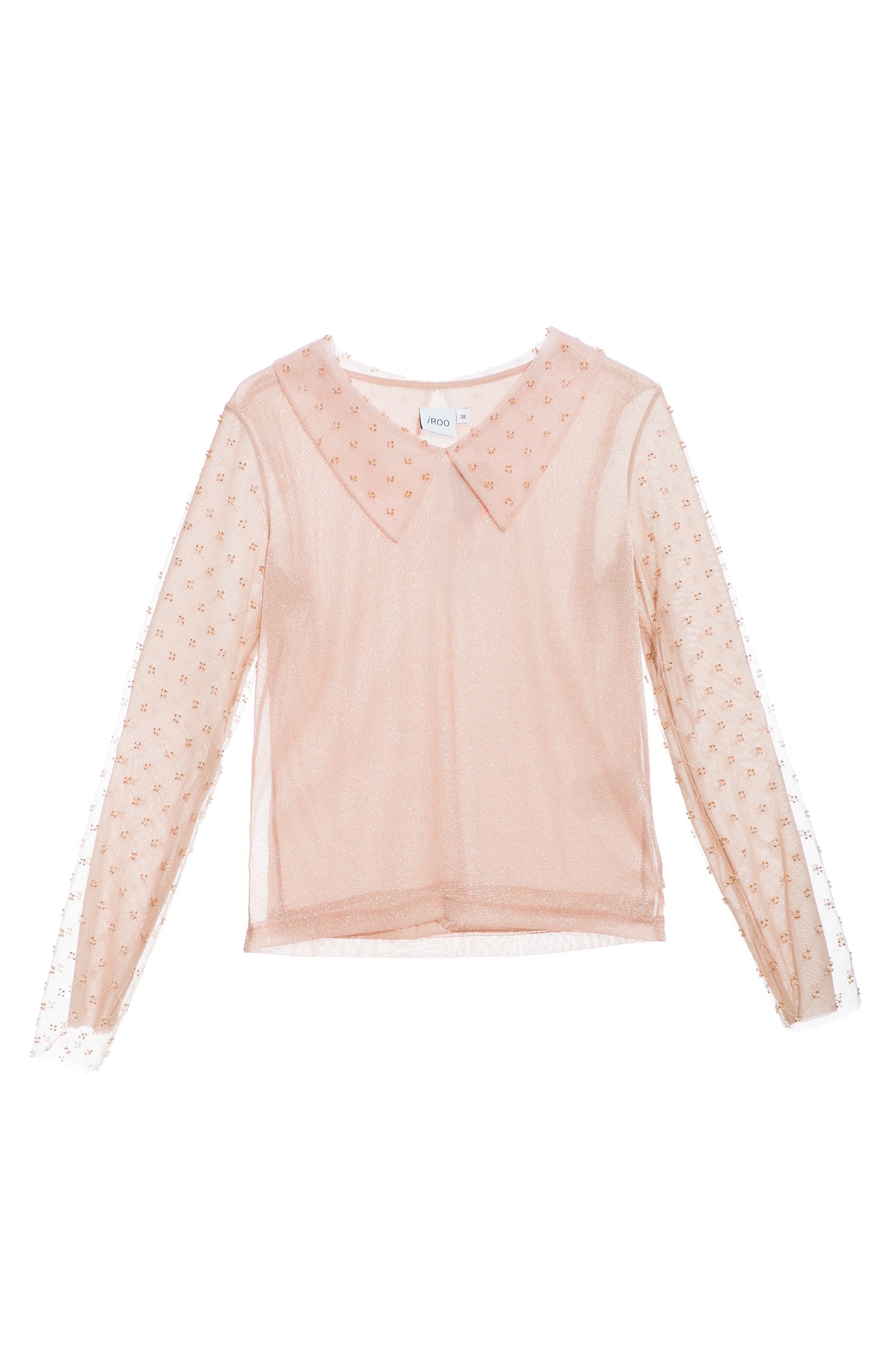 Metallic Nylon Pink Top With Mesh SleevesTop with beaded tulle sleeves,Tops,Season (AW) Look,Valentine