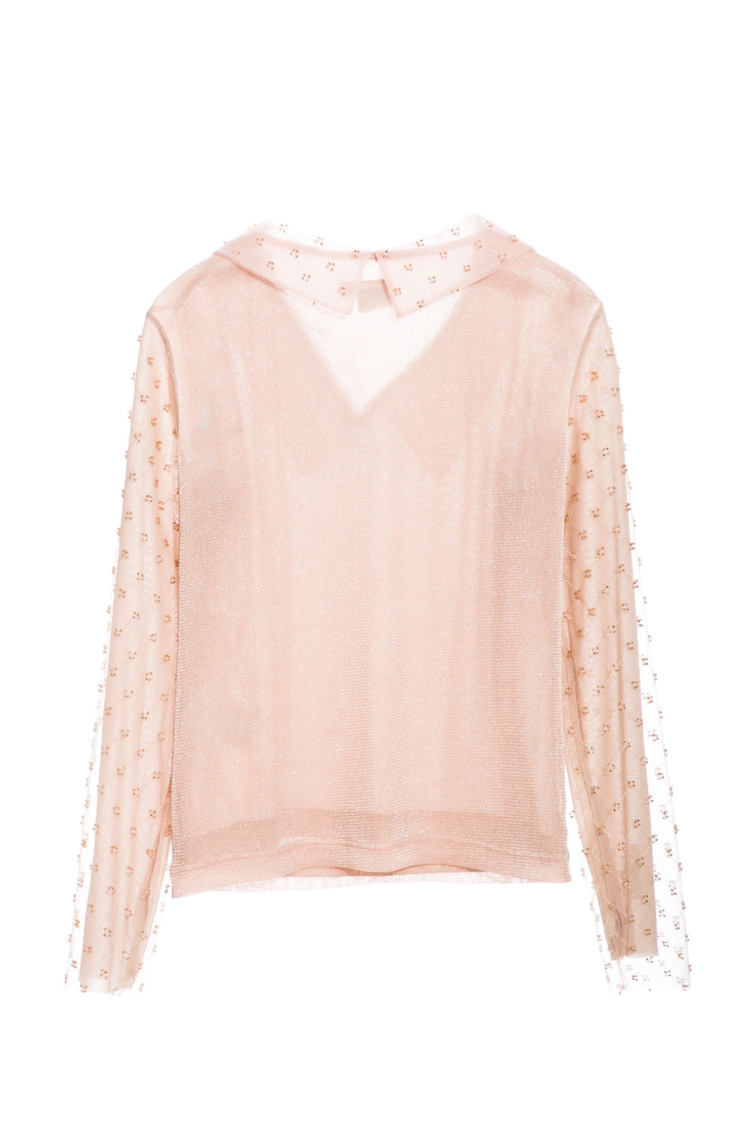 Metallic Nylon Pink Top With Mesh SleevesTop with beaded tulle sleeves,Tops,Season (AW) Look,Valentine