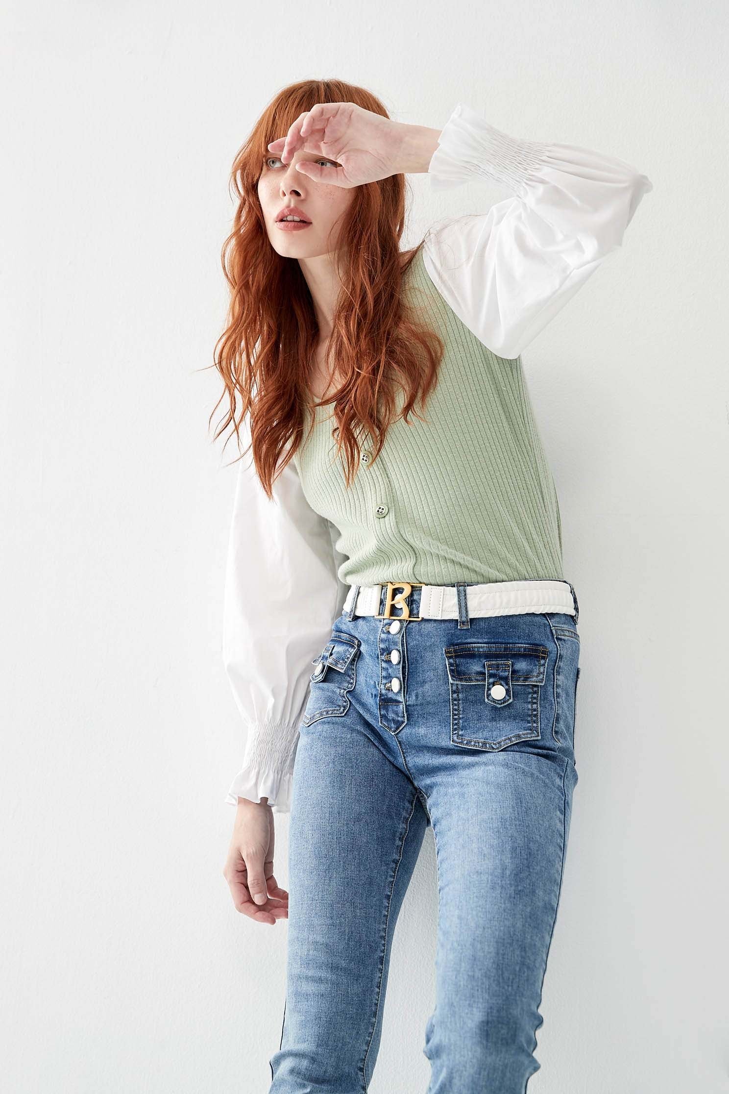 Green Knit Top With Contrast SleevesTop contrast with different material,Tops,Stripe,Season (AW) Look,Blouses