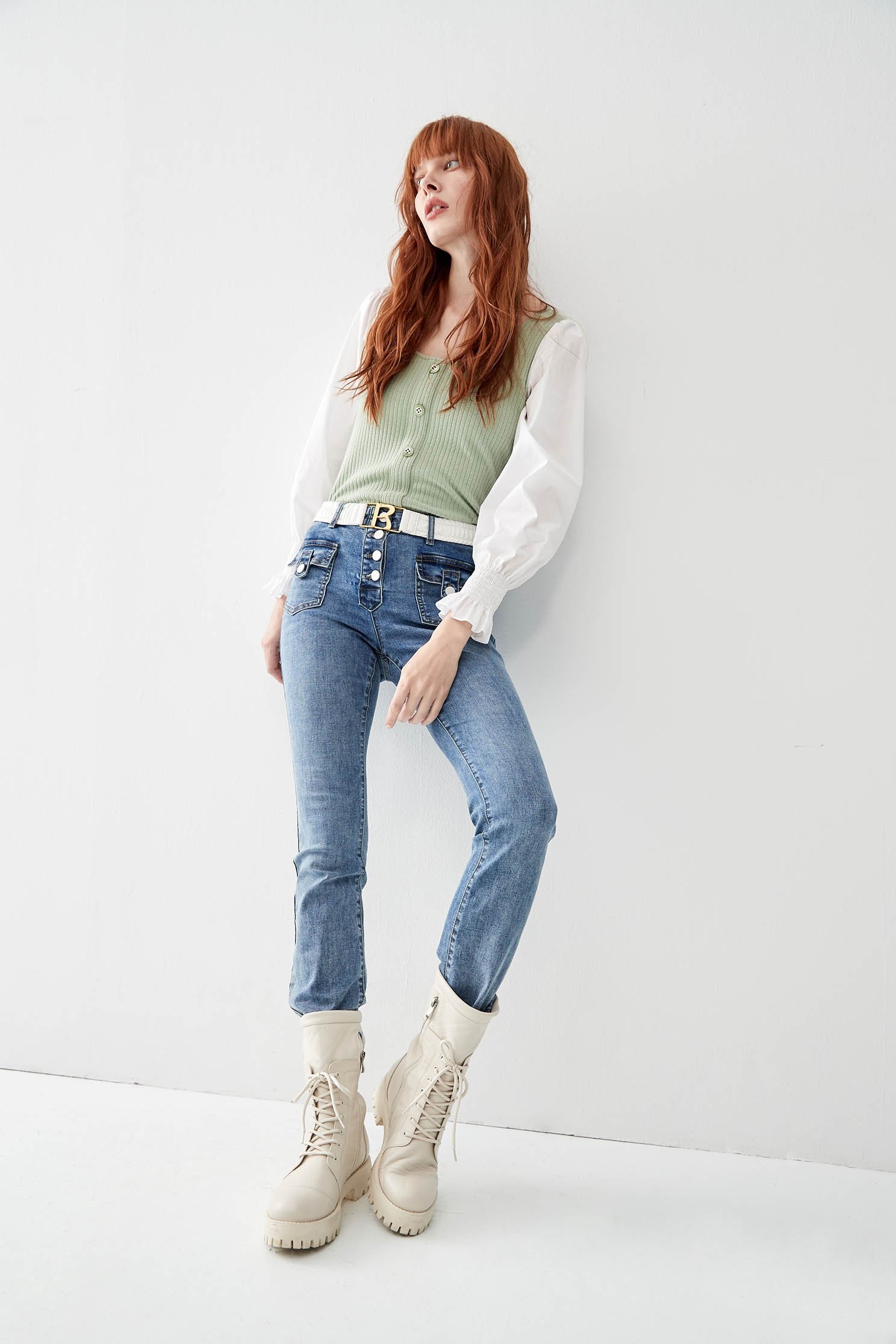 Green Knit Top With Contrast SleevesTop contrast with different material,Tops,Stripe,Season (AW) Look,Blouses