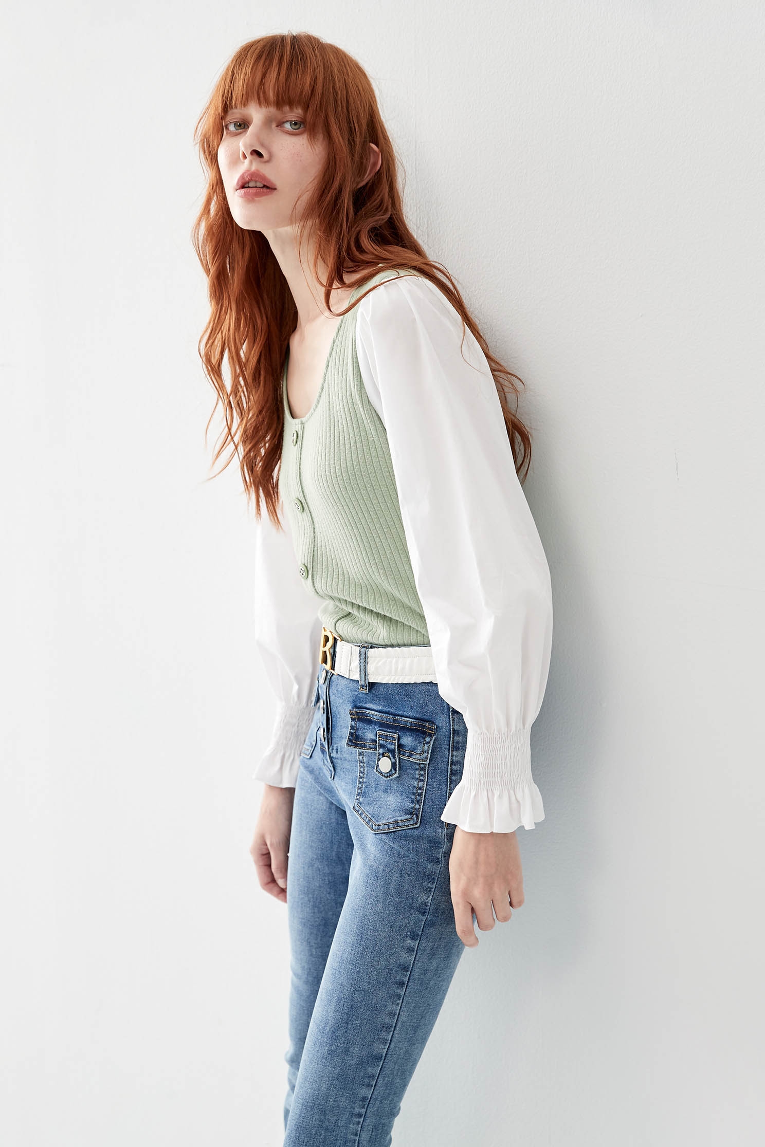 Green Knit Top With Contrast SleevesTop contrast with different material,Tops,Stripe,Season (AW) Look,Blouses