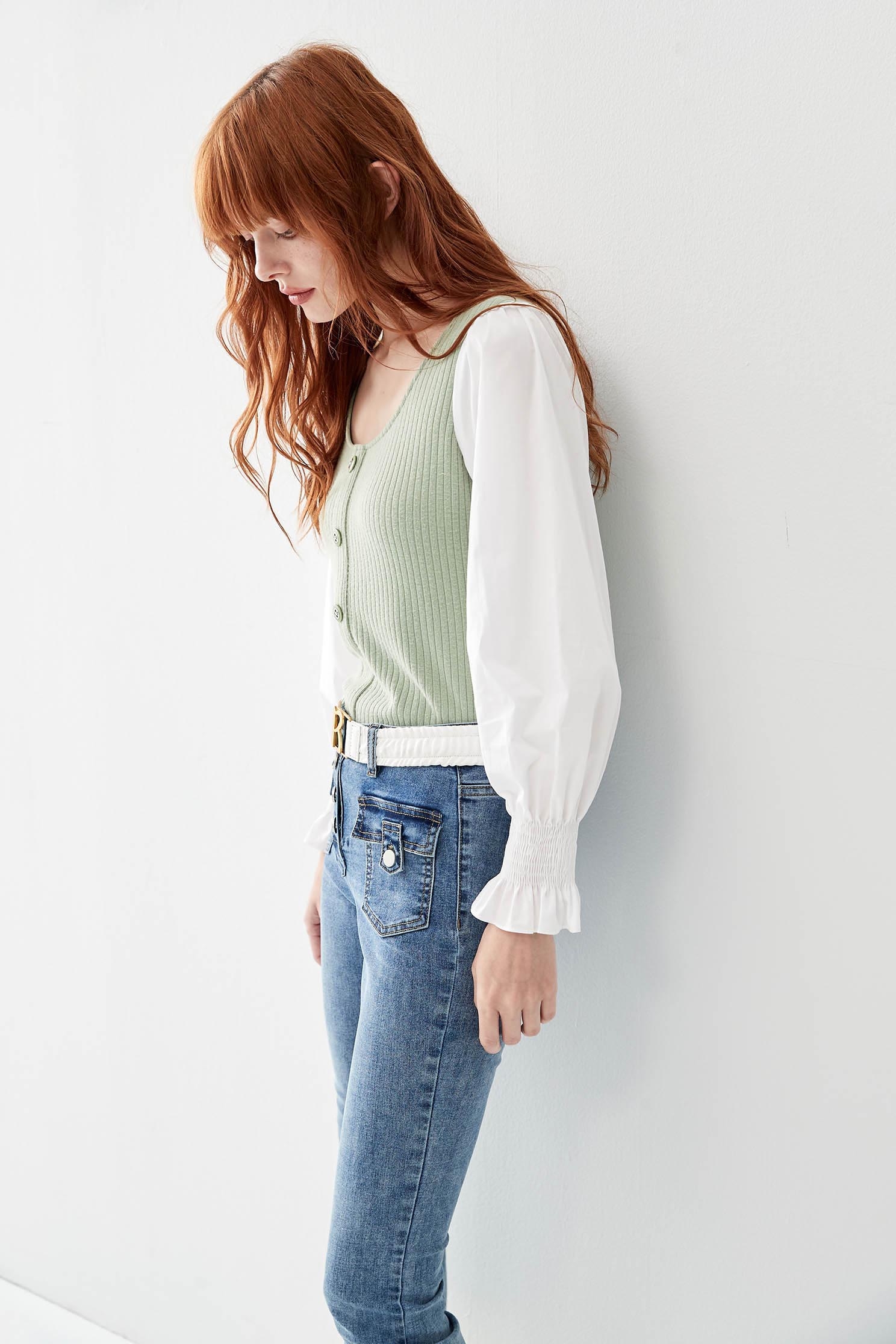 Green Knit Top With Contrast SleevesTop contrast with different material,Tops,Stripe,Season (AW) Look,Blouses