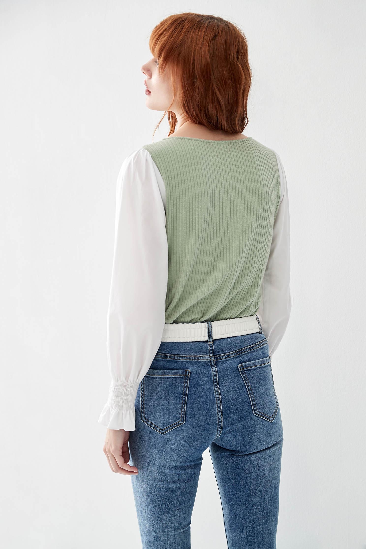 Green Knit Top With Contrast SleevesTop contrast with different material,Tops,Stripe,Season (AW) Look,Blouses