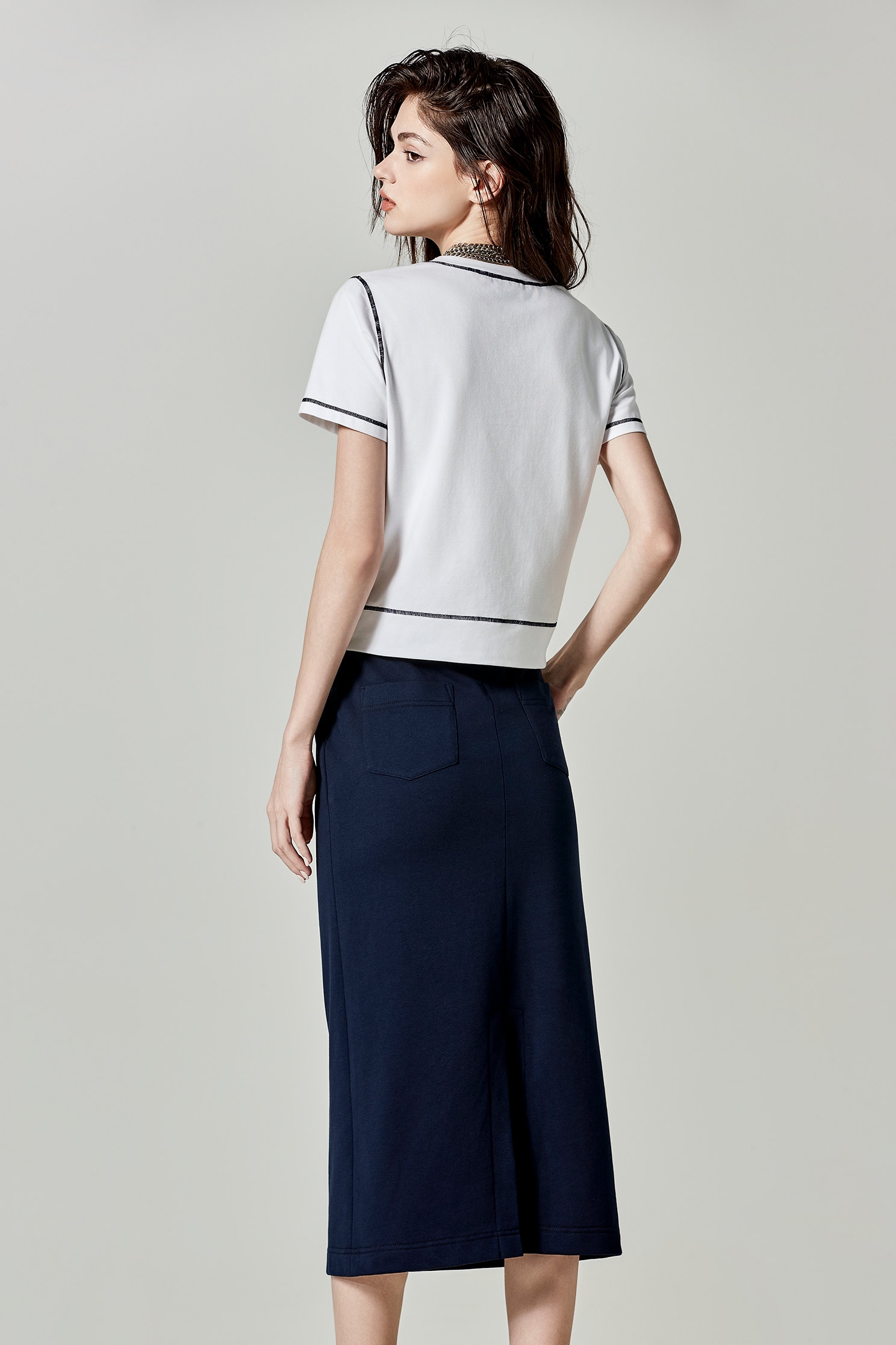 Contrast Navy Stitching Short Sleeve White TopContrast Navy Stitching Short Sleeve White Top,T-shirts,Season (SS) Look,Cotton