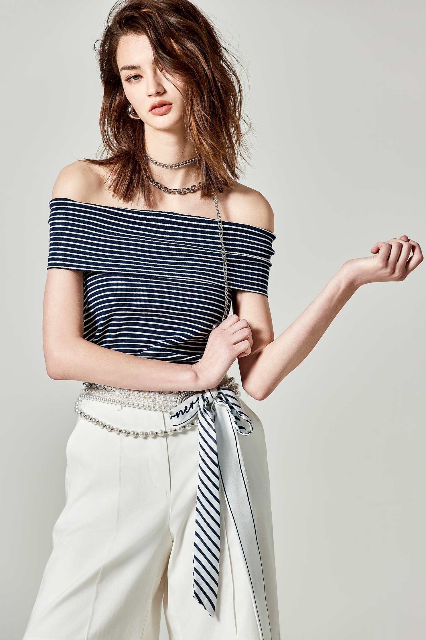 Navy Stripe Off Shoulder Fitted TopNavy Stripe Off Shoulder Fitted Top,Exposed shoulders tops,Tops,bestselling,Exposed shoulders tops,Season (SS) Look,Embroidered,Knitted