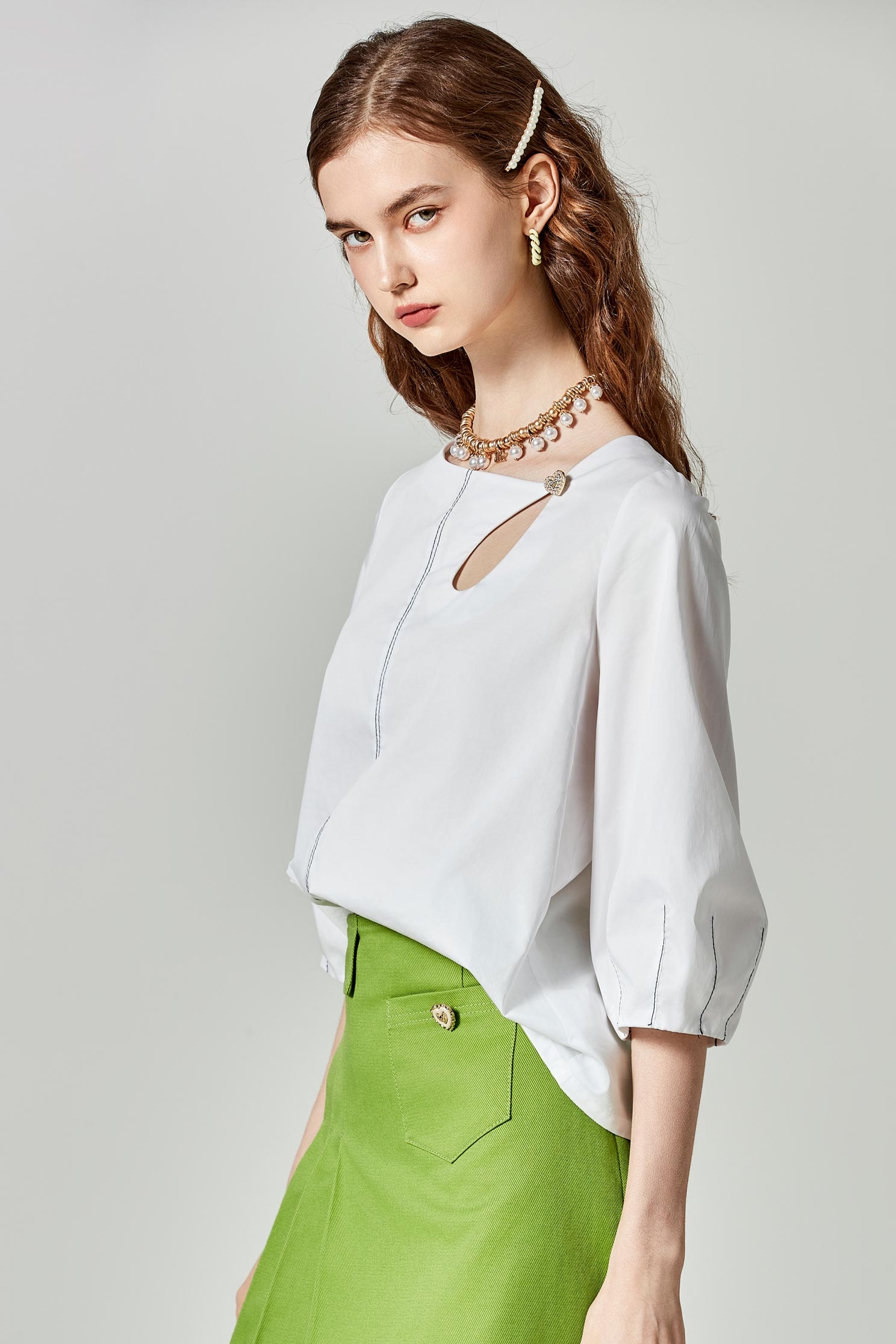 Hollow Out Neckline Lantern Sleeve TopHollow Out Neckline Lantern Sleeve Top,Tops,Season (SS) Look