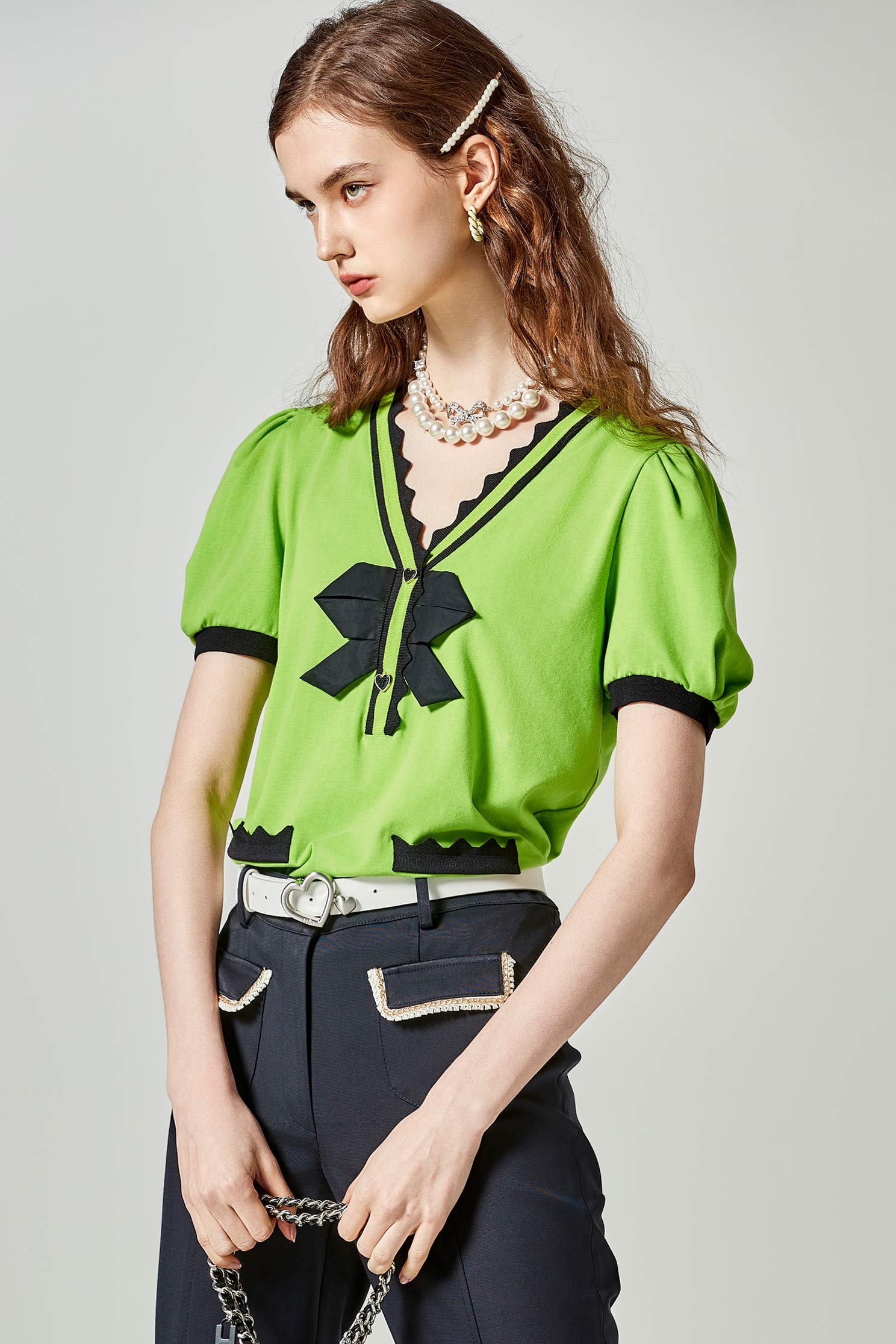 Short Sleeve Top With Contrast Bow DetailShort Sleeve Top With Contrast Bow Detail,Tops,Season (SS) Look,bows