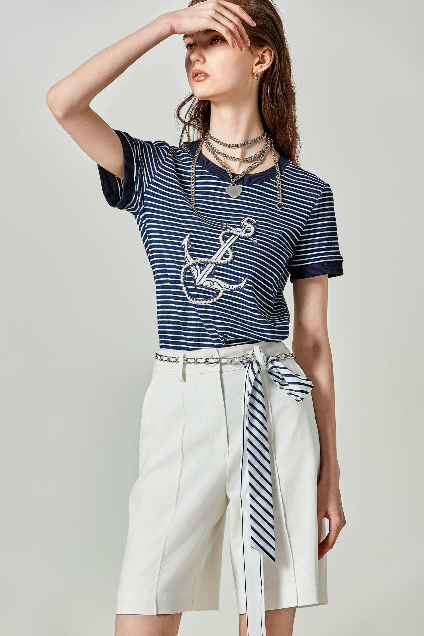 Navy White Stripe Anchor Graphic TeeNavy White Stripe Anchor Graphic Tee,Tops,Season (SS) Look,Stripe,Cotton