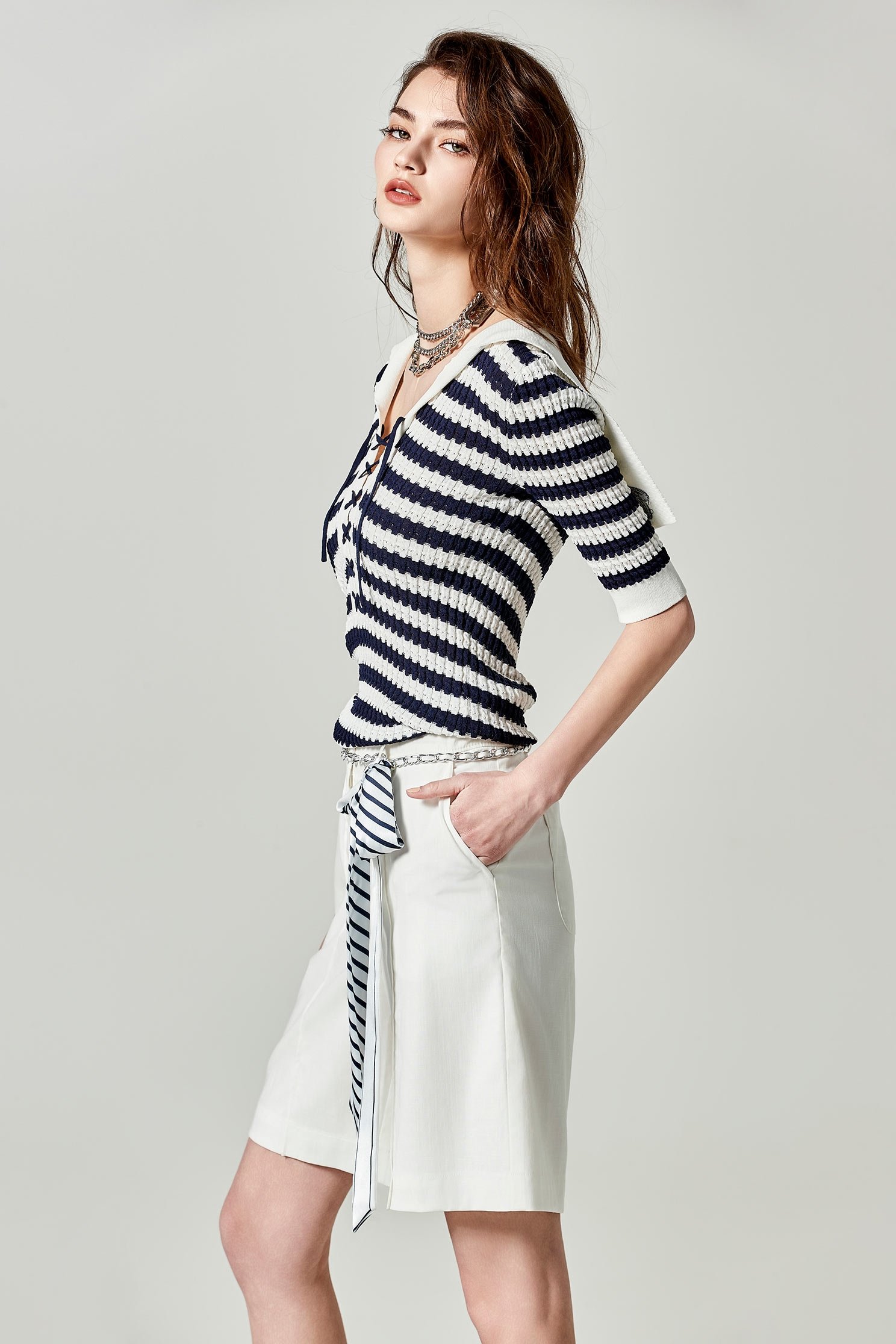 Navy Stripe Sailor Collar Knit TopNavy Stripe Sailor Collar Knit Top,Tops,Season (SS) Look,Embroidered,Knitted,Knitted tops,Knitted tops