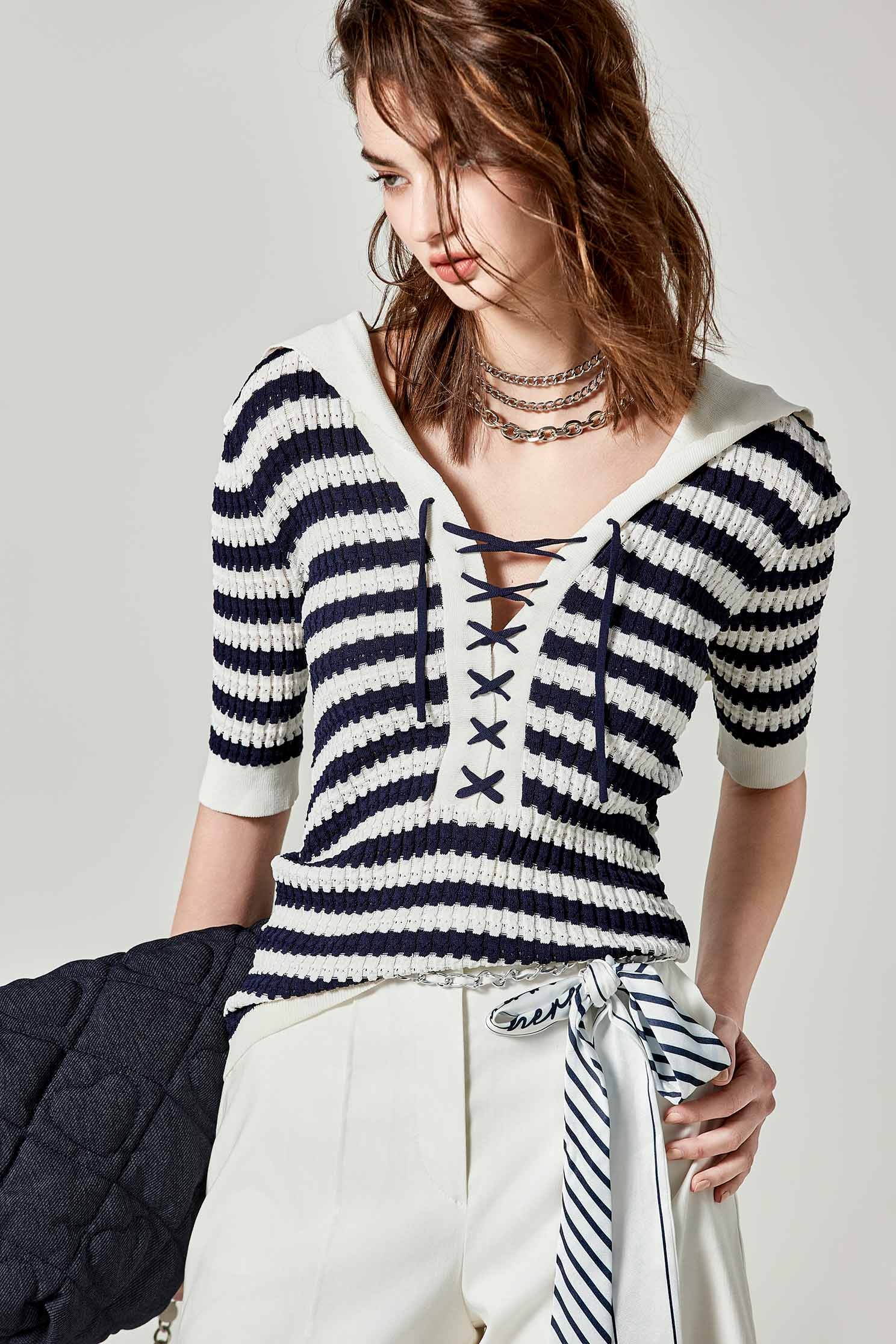 Navy Stripe Sailor Collar Knit TopNavy Stripe Sailor Collar Knit Top,Tops,Season (SS) Look,Embroidered,Knitted,Knitted tops,Knitted tops