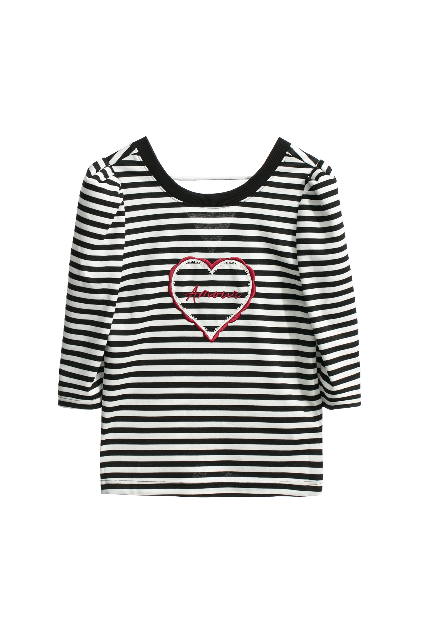 Black White Stripe Tee With Embroidered Heart GraphicBlack White Stripe Tee With Embroidered Heart Graphic,Tops,Season (SS) Look,pearl,Embroidered