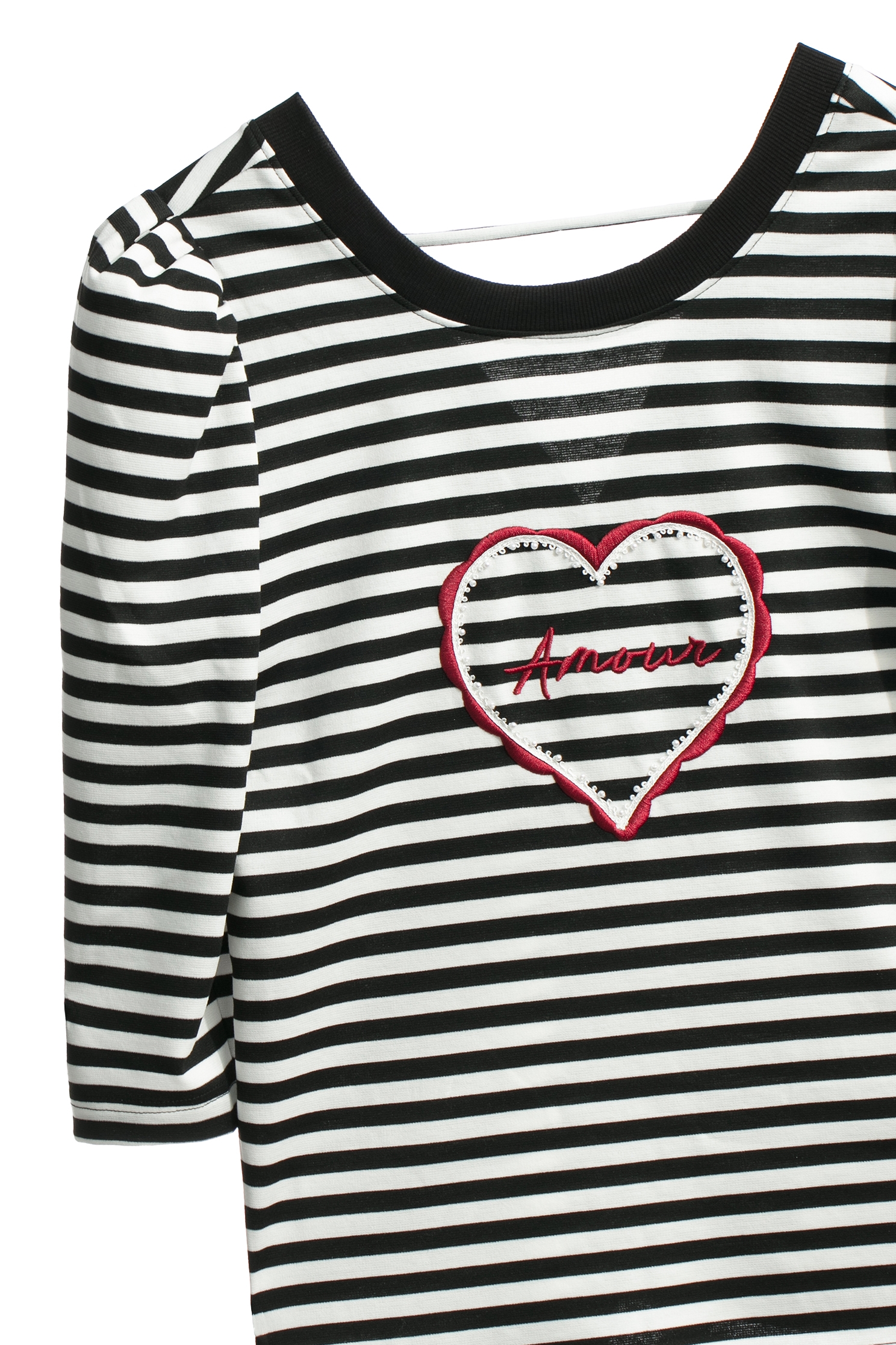 Black White Stripe Tee With Embroidered Heart GraphicBlack White Stripe Tee With Embroidered Heart Graphic,Tops,Season (SS) Look,pearl,Embroidered