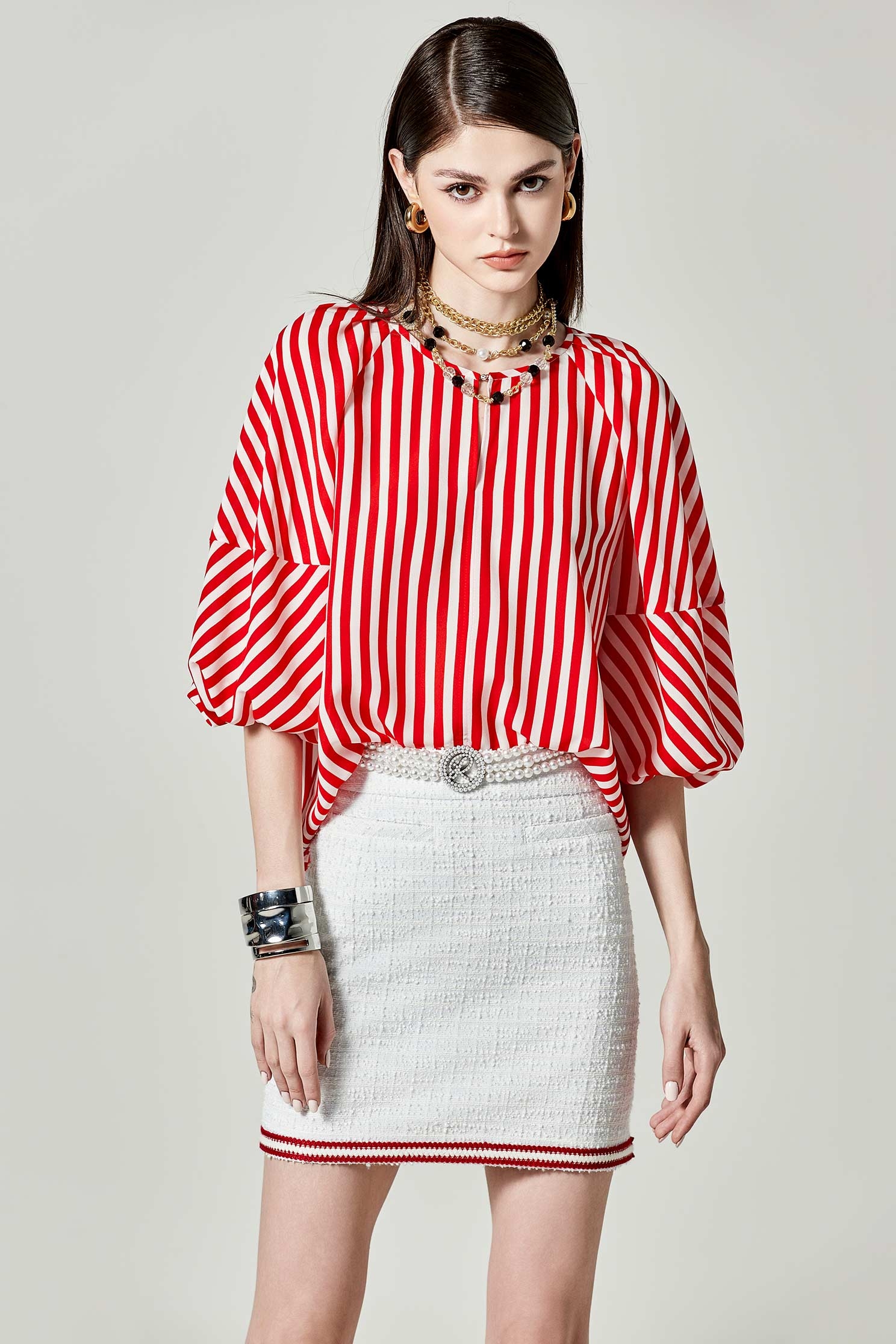 Red White Stripe Puff Sleeve TopRed White Stripe Puff Sleeve Top,Tops,Season (SS) Look