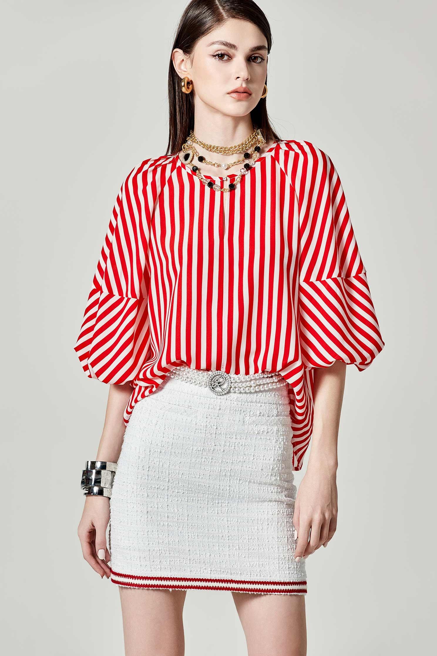 Red White Stripe Puff Sleeve TopRed White Stripe Puff Sleeve Top,Tops,Season (SS) Look