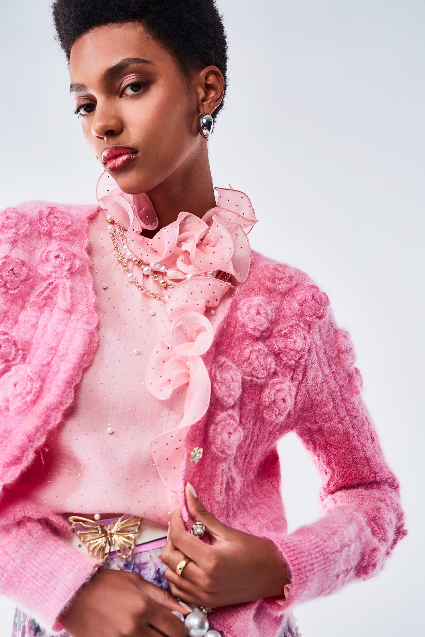 Rose Detail Pink Gradient Knit JacketRose Detail Pink Gradient Knit Jacket,Outerwear,pearl,Season (AW) Look,Knitted,Knitted coats